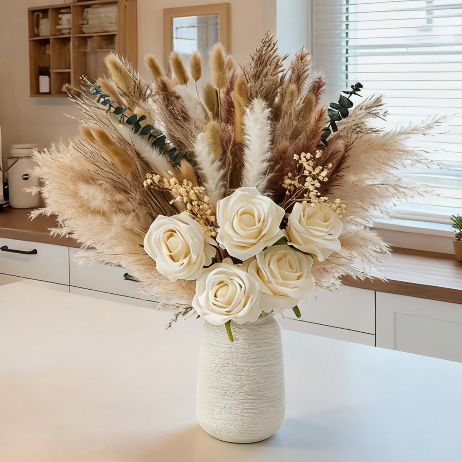 100pcs Dried Pampas Grass with Vase, Includes Artificial Silk Roses, Boho Nat…