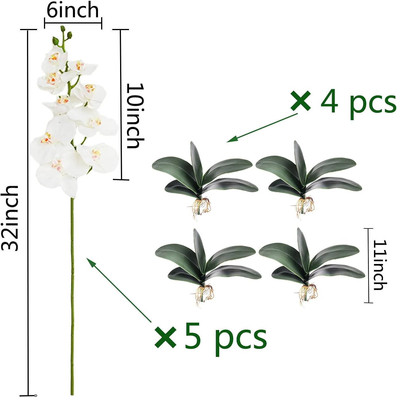HinyoCo 5 Pcs Artificial Phalaenopsis Flowers and 4 Bundles White