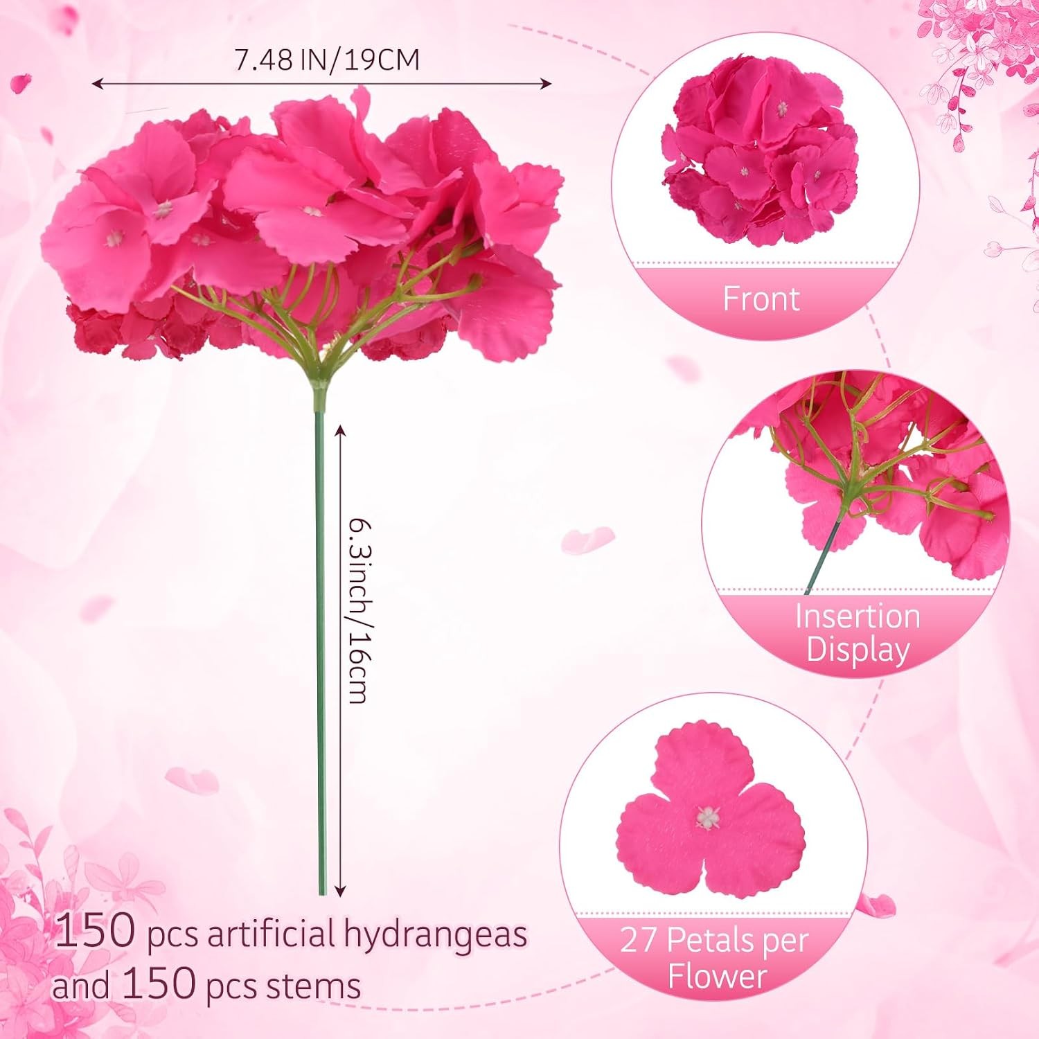 150 Pcs Hydrangea Artificial Flowers Bulk 7.48 Inch Artificial Hydrangeas with