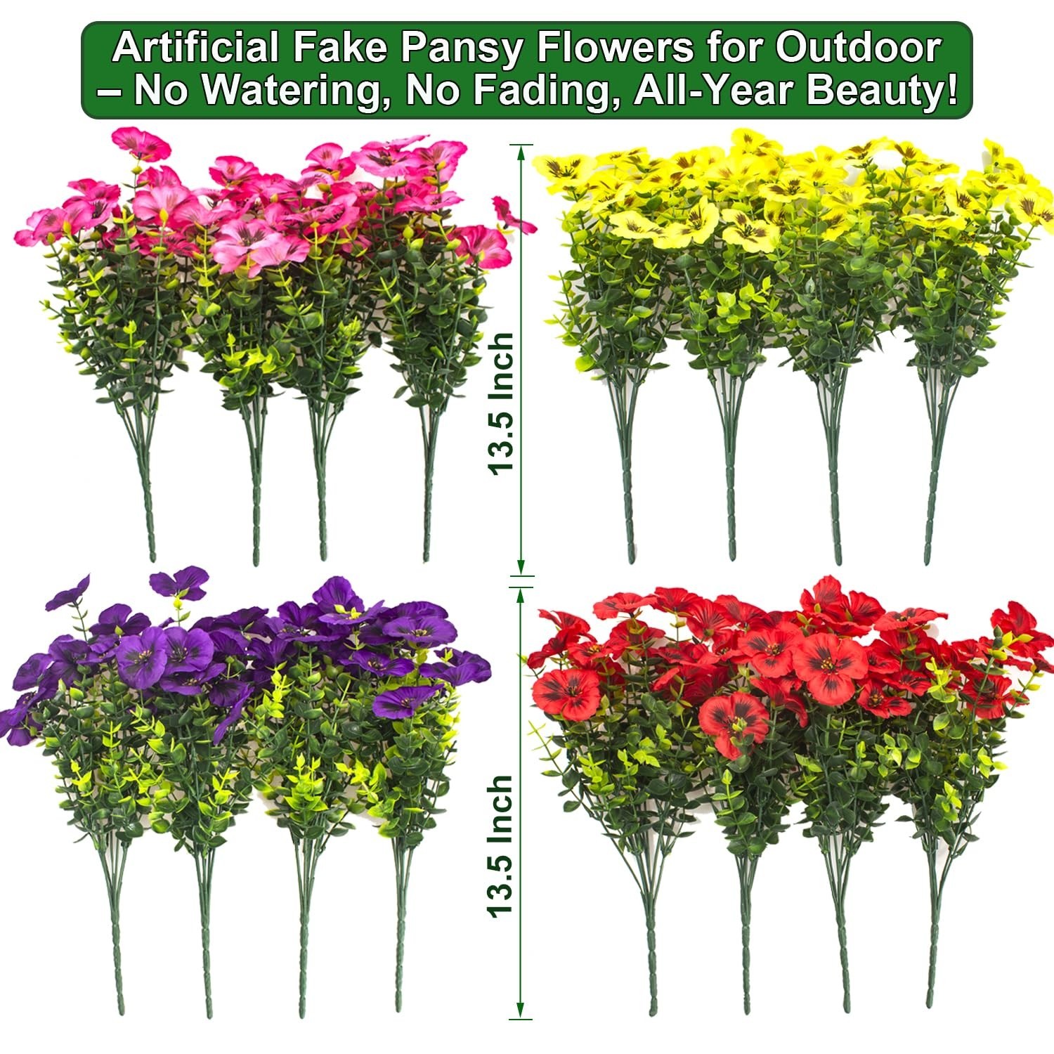 16 Pcs UV Resistant Artificial Pansy Flowers – Lifelike Faux Silk for Outdoor De