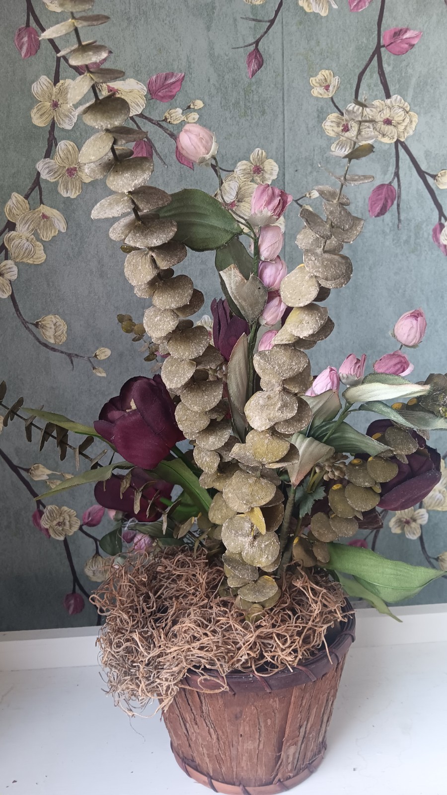 Artificial Purple Tulip & Lotus Pod Arrangement Centerpiece in Flower Pot