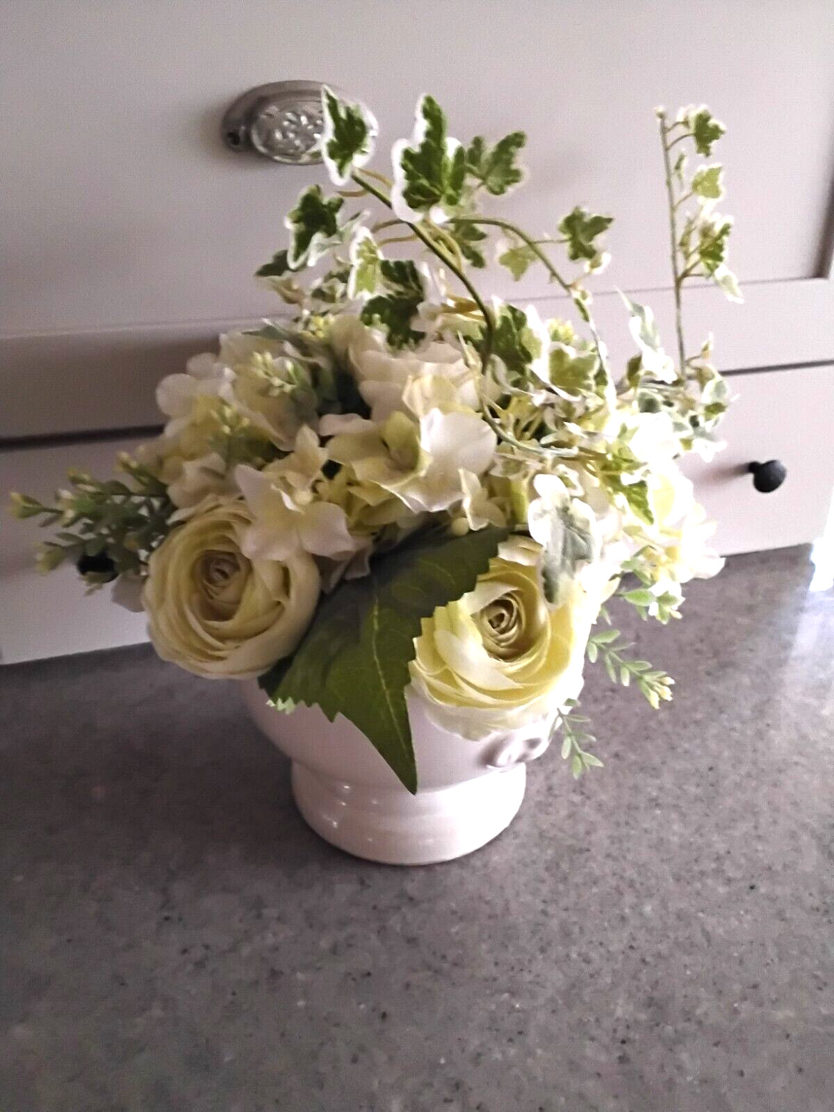 White on White Artificial Roses & Hydrangeas with Greens in Ceramic Cream Pot