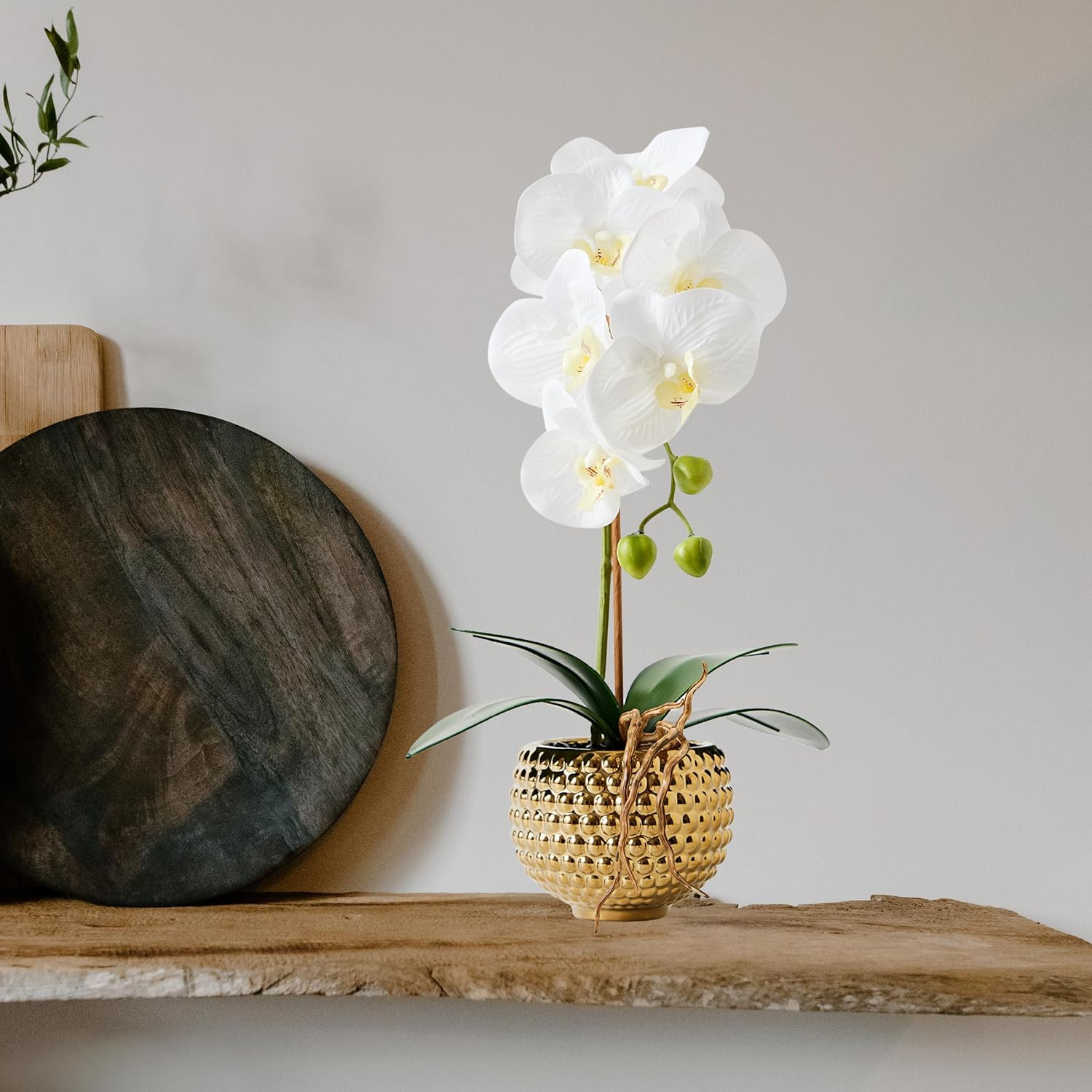 Orchids Artificial Flowers, 15″ Faux Orchid in Gold Flower Pot Real Touch Flower