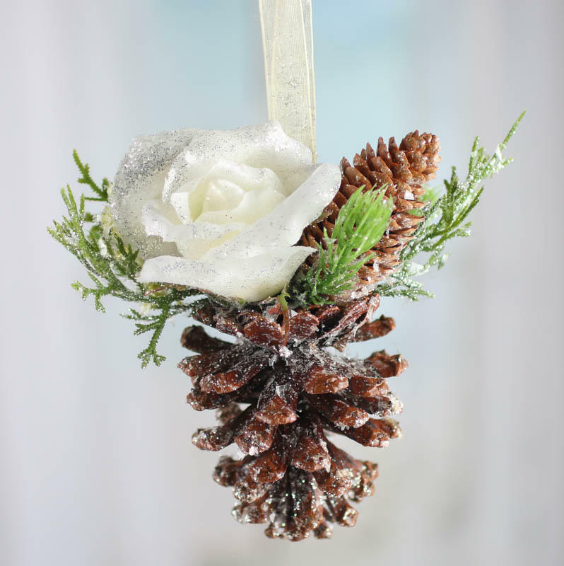 Sparkling Wintry Rose and Pinecone Ornaments