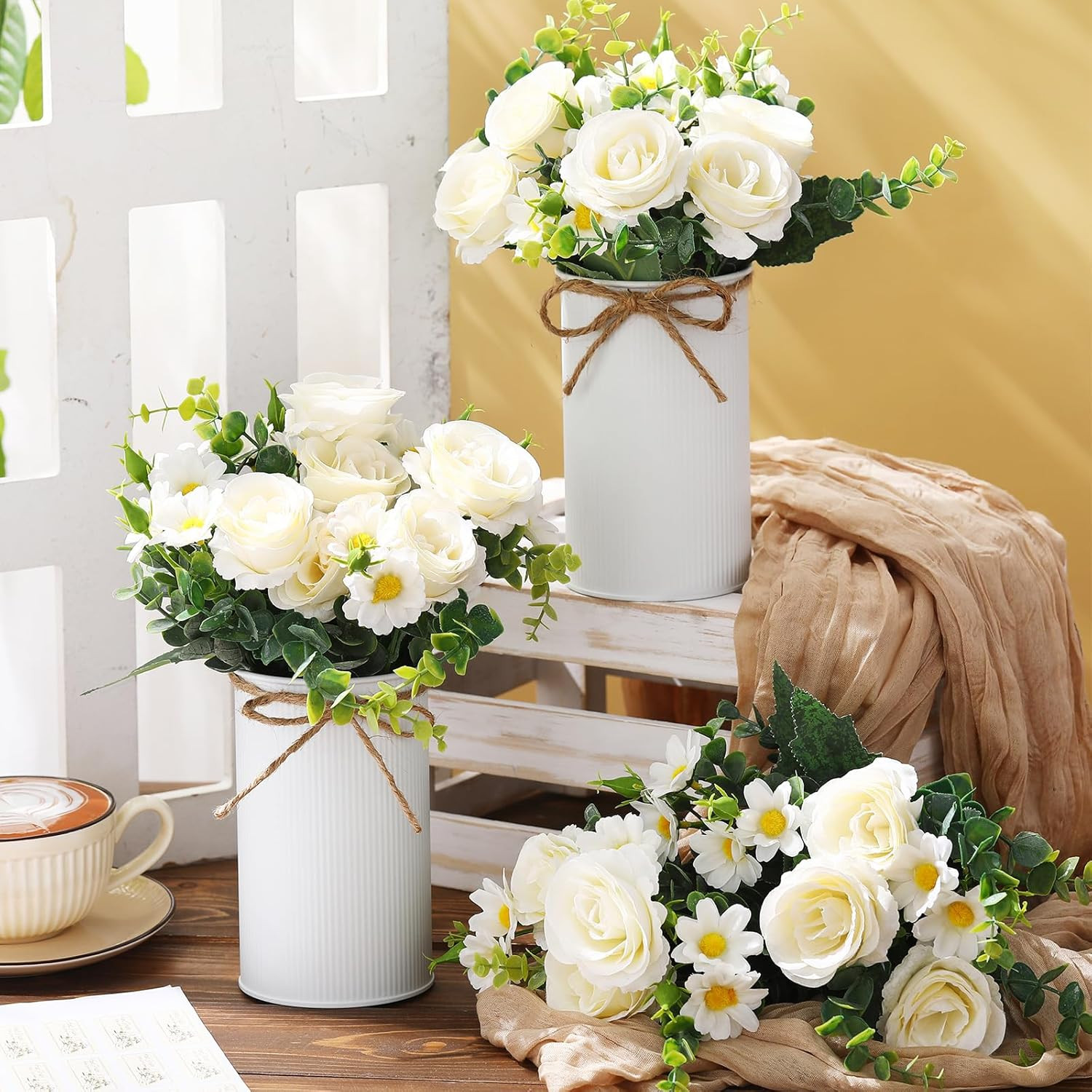 Elegant White Silk Rose Centerpieces with Metal Vases for Weddings & Parties