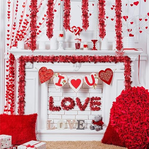 5Pcs 33Ft Valentine’s Day Tinsel Garland, Red Heart Metallic Tinsel Twist