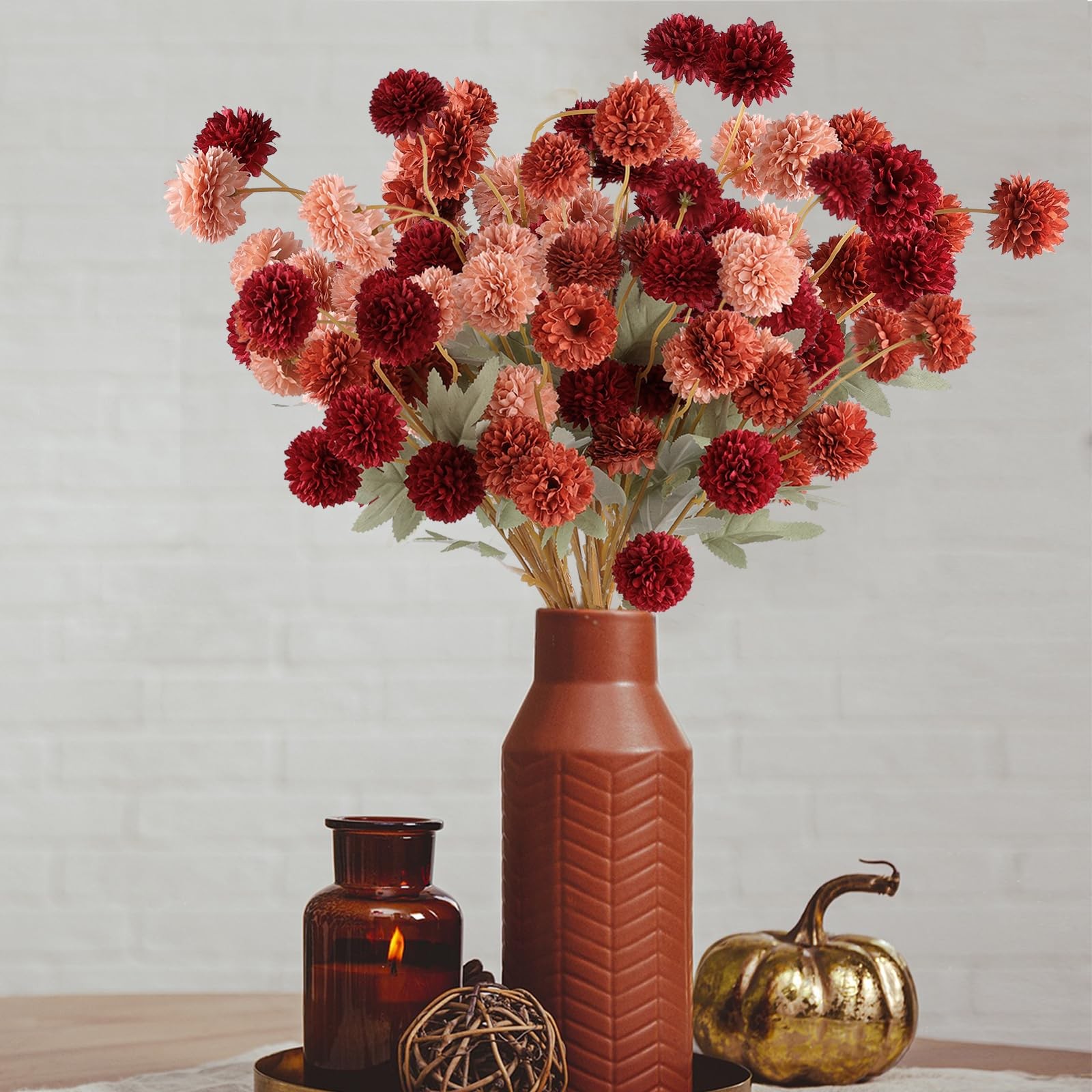12 Pcs Artificial Chrysanthemum Flowers, Orange Kiku Pom Pom Mums Flower Faux…