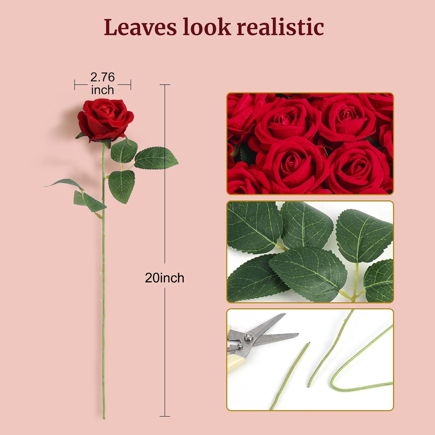 60Pcs Red Roses Artificial Flowers, Velvet Silk Faux Roses, Realistic Red Flo…