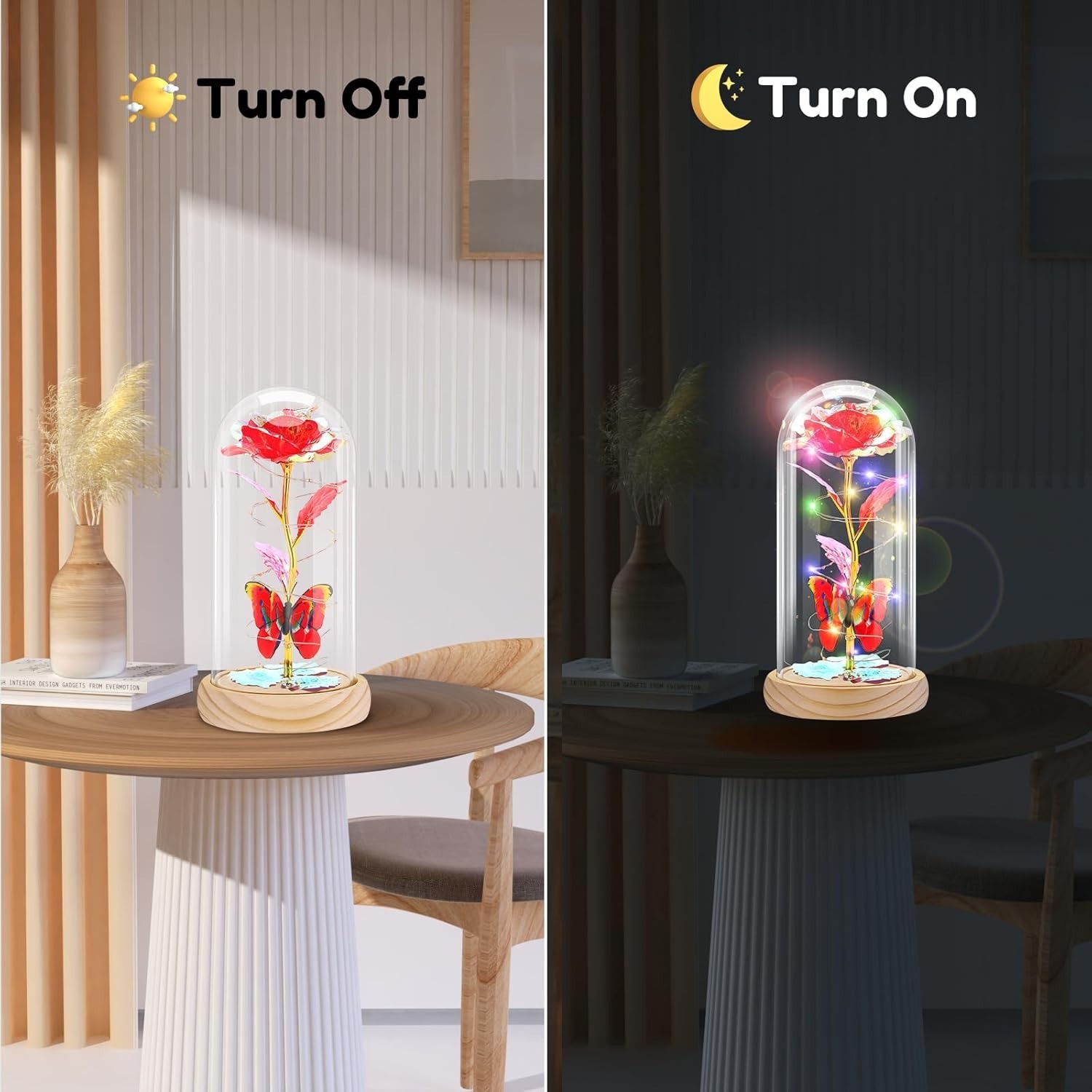 Preserved Rose Flower Lamp, Glass Rose Wood Base, Home Decor