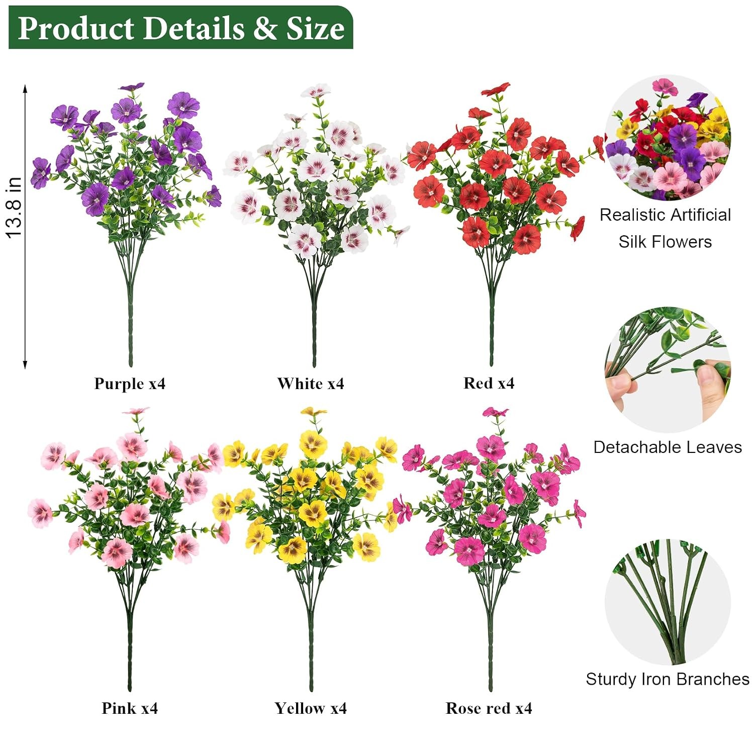 Artificial Flowers for Outdoors, Fake Silk Flowers UV Resistant Garden