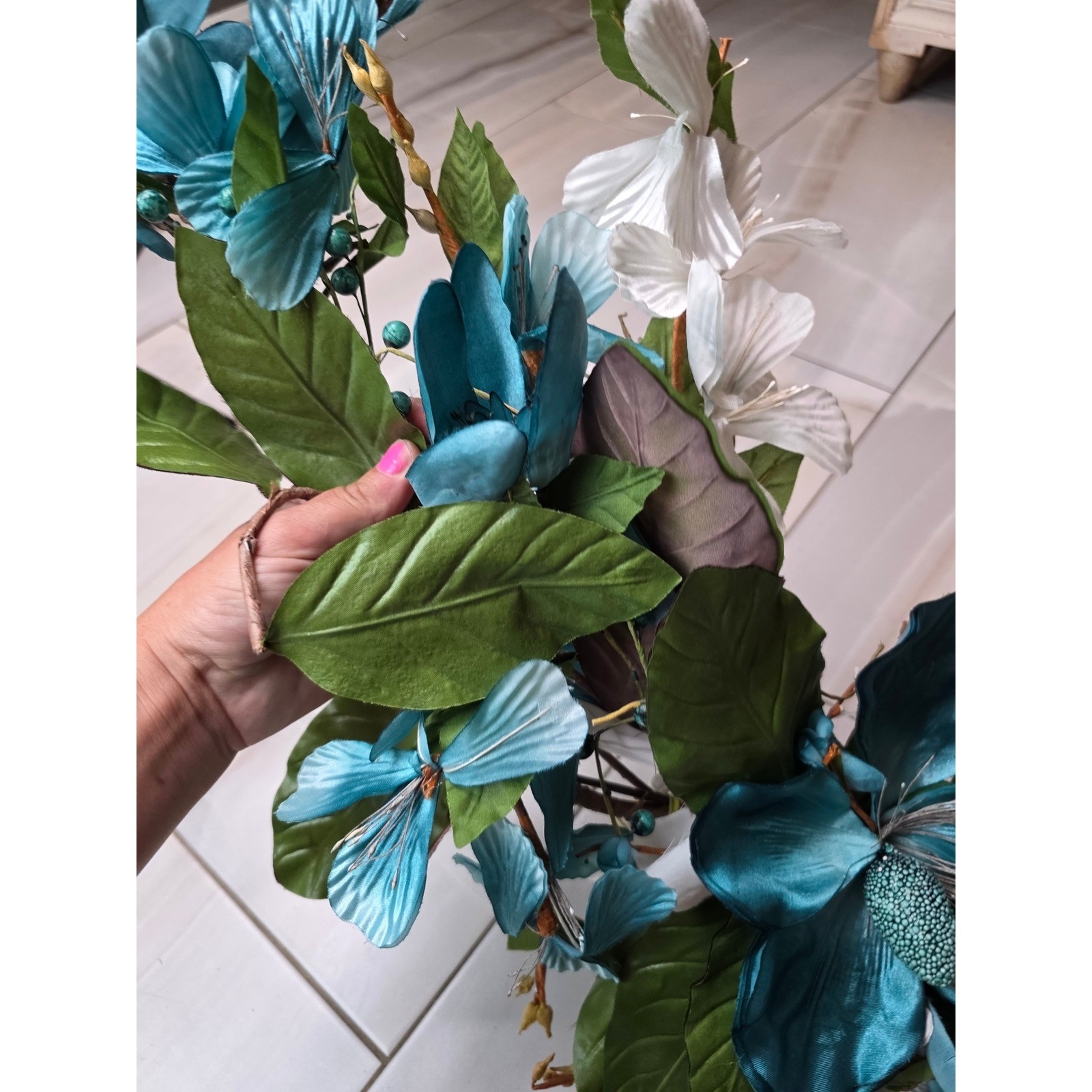 Large Teal & White Floral Wall Decor Metal Flower Wall Art 37″ Wide