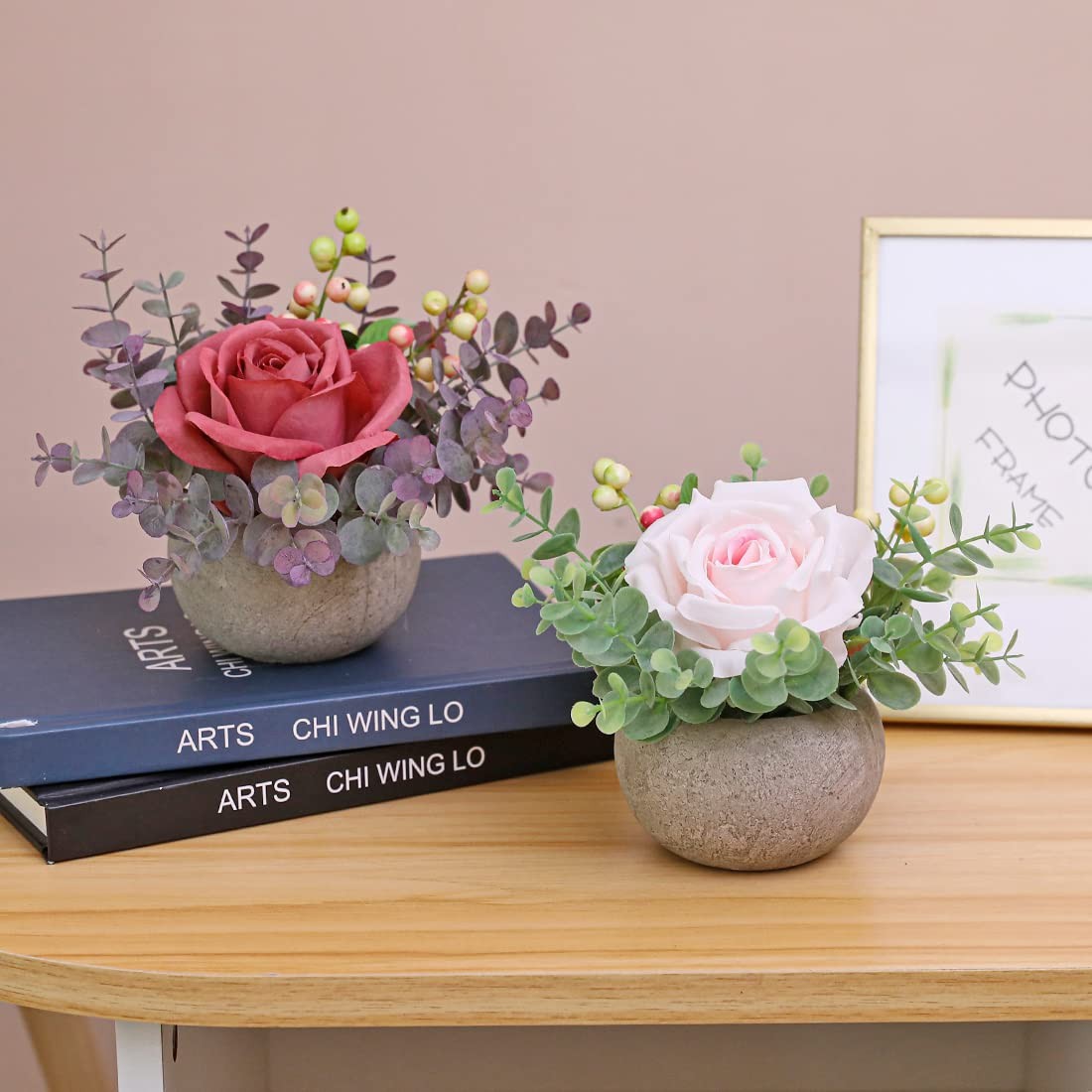 Small Artificial Light Pink Rose Potted Plant, 6″ Fake Silk Flowers in 3.5″ R…
