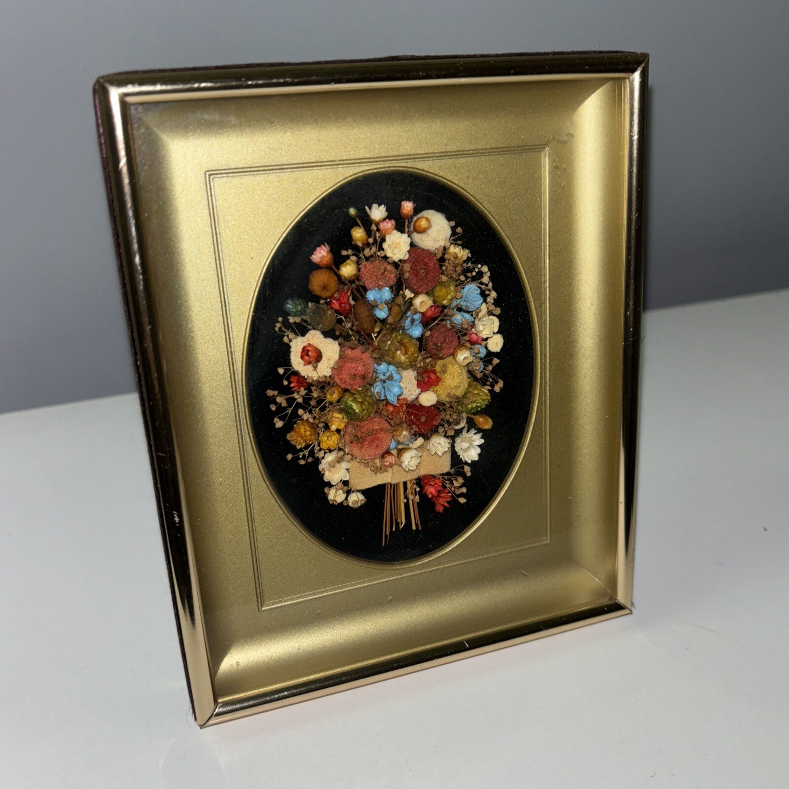 Vintage Pressed Dried Miniature Bouquet Art Velvet Gold Toned Frame MCM Cottage