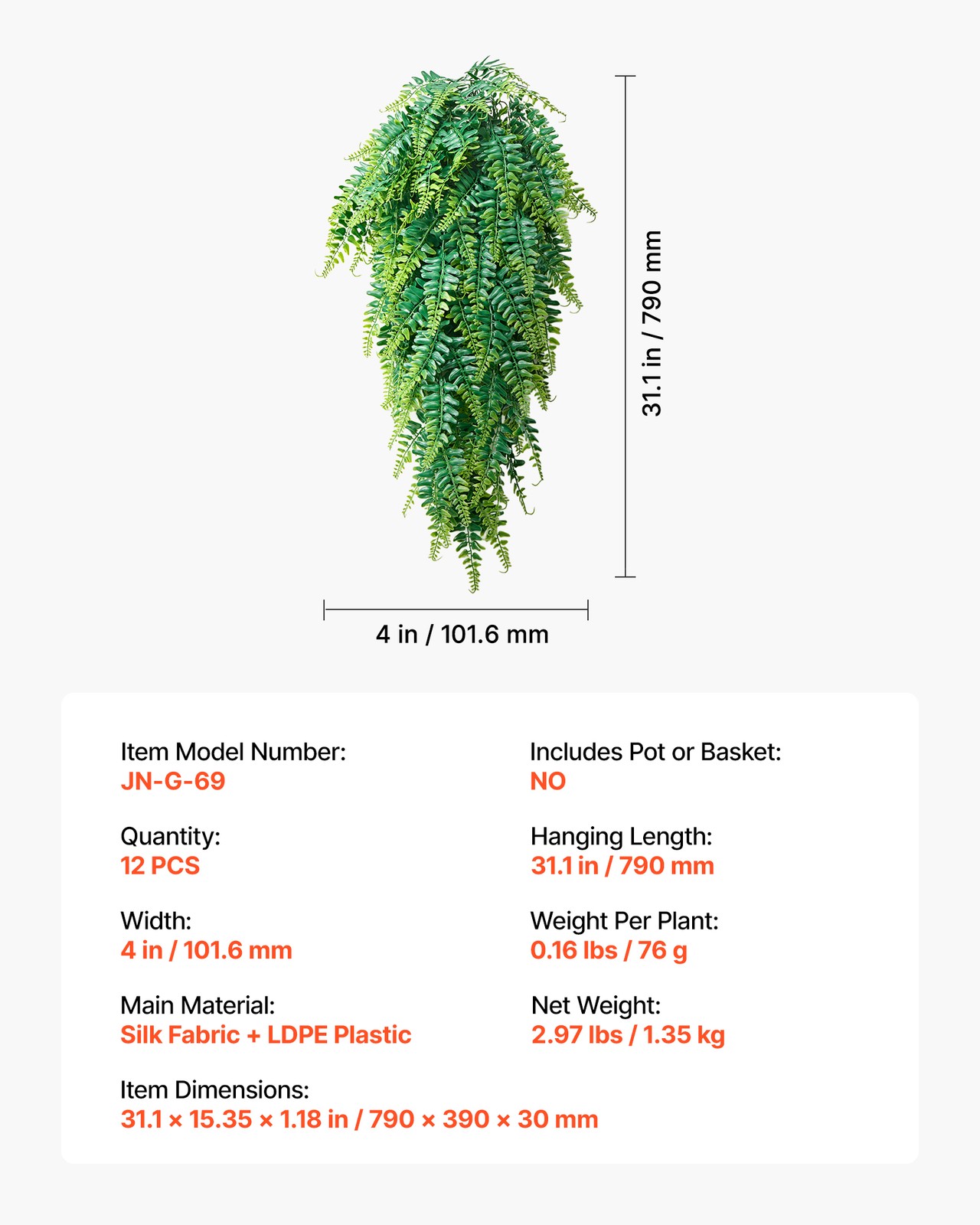 VEVOR 32″ Artificial Hanging Boston Fern Bush Wall Wedding Party Decor 12 Pcs