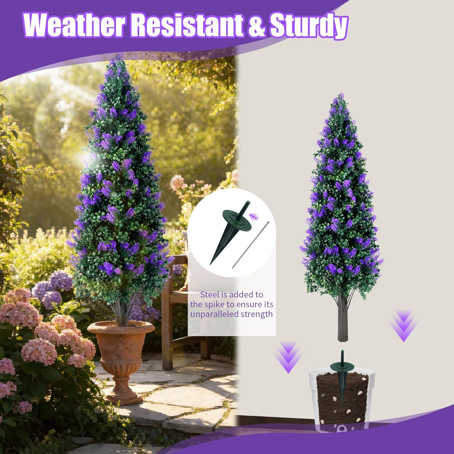 Set of 2 UV Resistant 3.3FT Artificial Lavender Topiary Trees for Indoor/Outdoor
