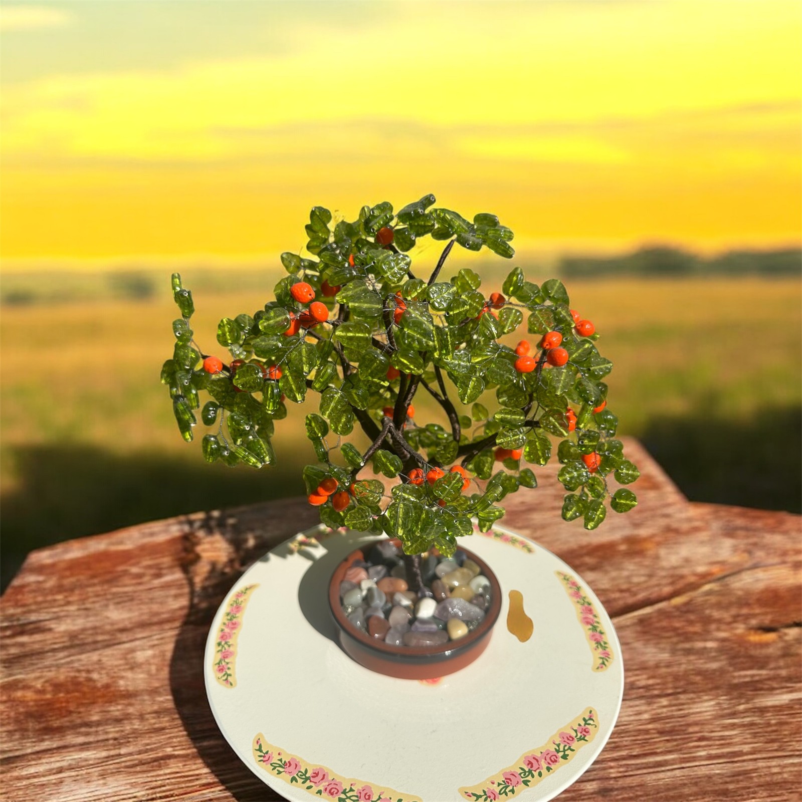 Handmade Orange Life Tree Sculpture with Czech Glass Beads
