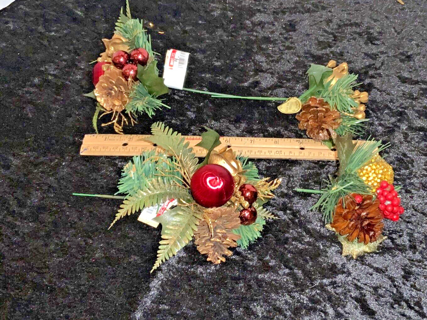 Lot of 7 VINTAGE Floral Pine Cone & Beaded & Fruit Basket Pick Decorations