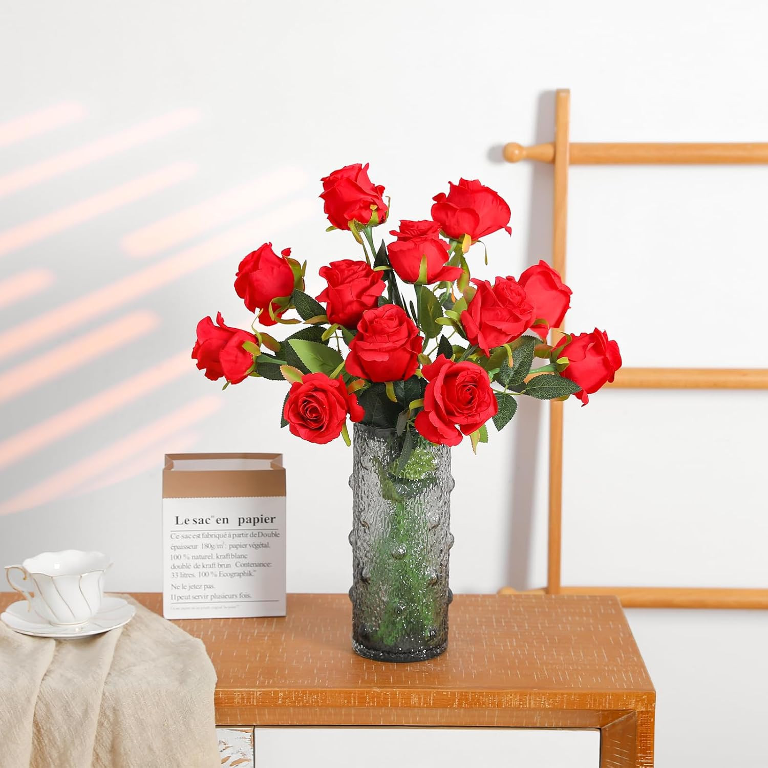 12Pcs Realistic Fake Red Roses Faux Flowers with Long Stems, Artificial Silk …