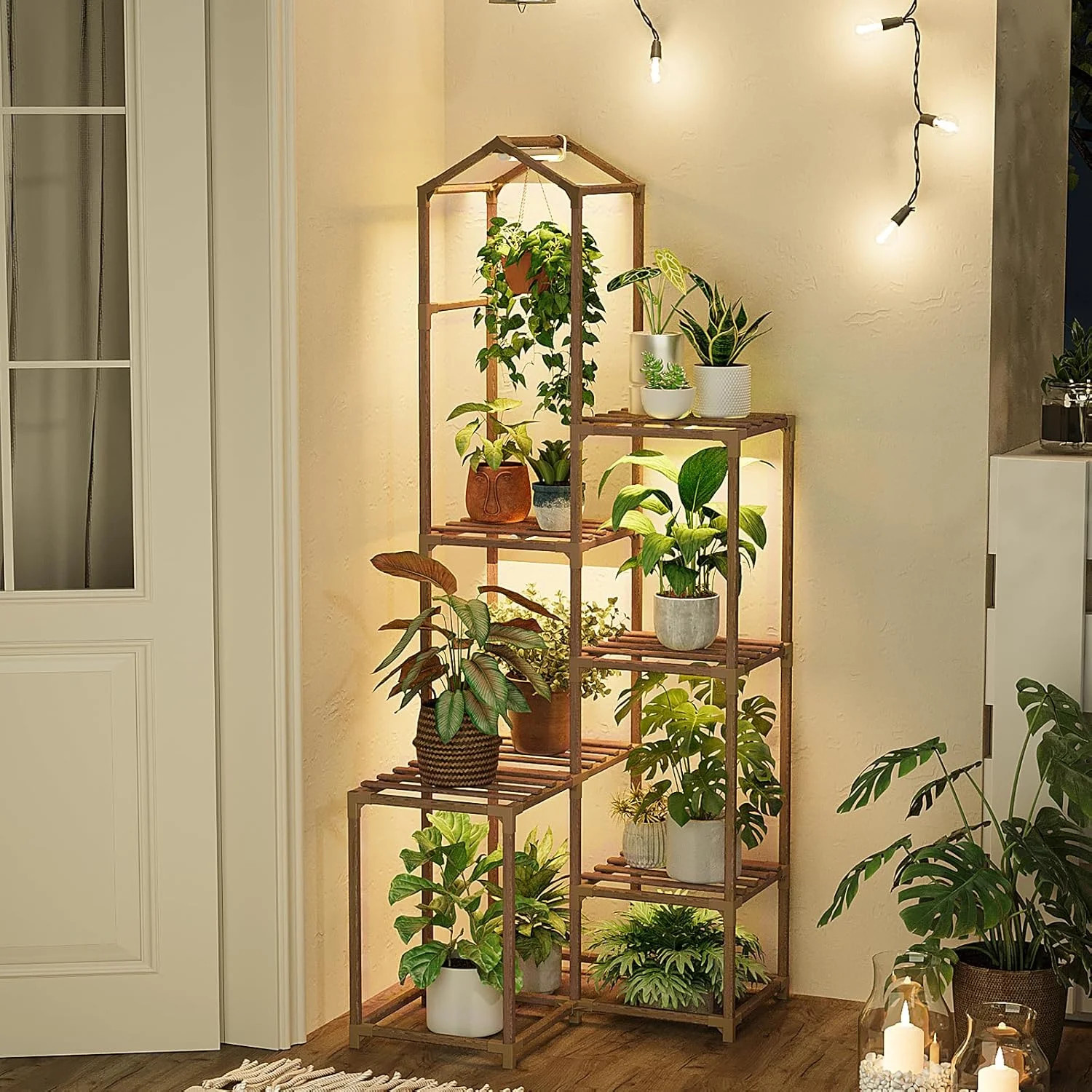 Bamworld Tall Corner Plant Stands with Grow Lights Indoor Outdoor Plant Shelves