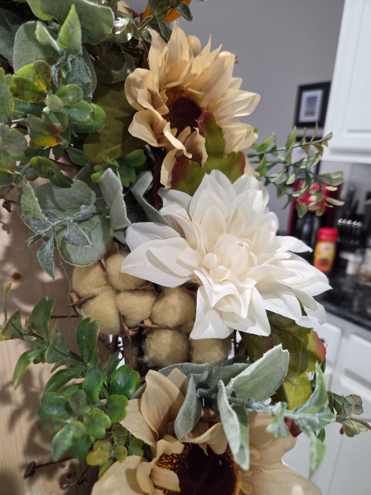 Organic Mixed Silk Flowers Wreath with Tea-Stained Cotton Bolls