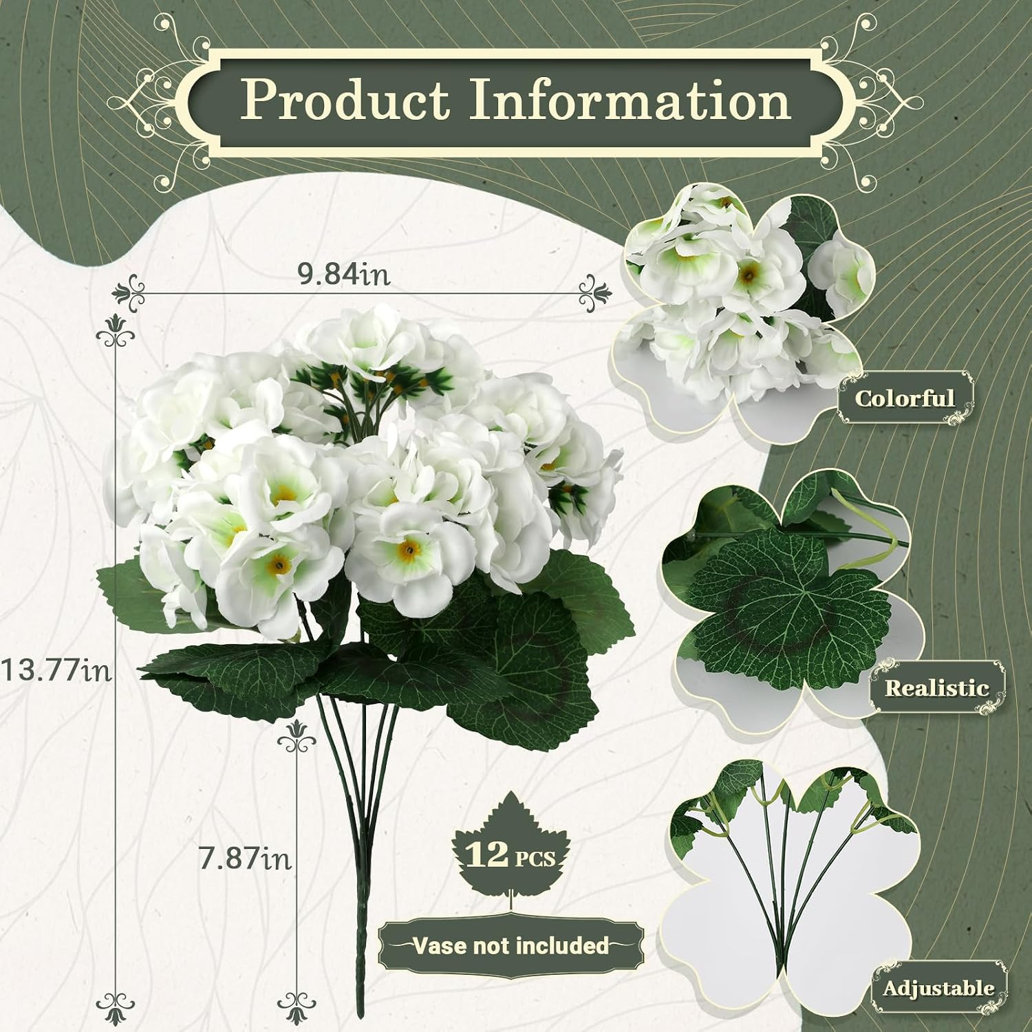 12 Bundles UV Resistant White Geraniums – Realistic Faux Flowers for Home & Gard