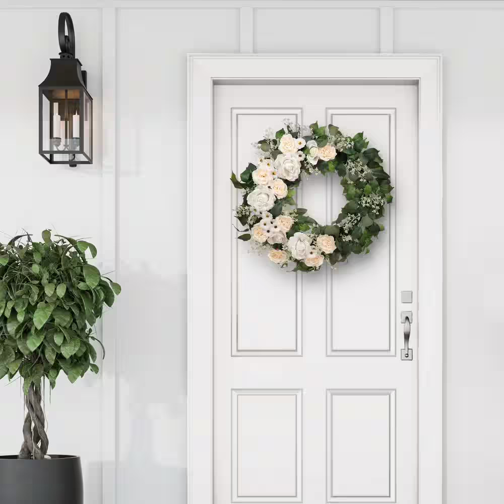 30 In. Artificial Rose, Camellia, Babysbreath Floral Spring Wreath with Green Le