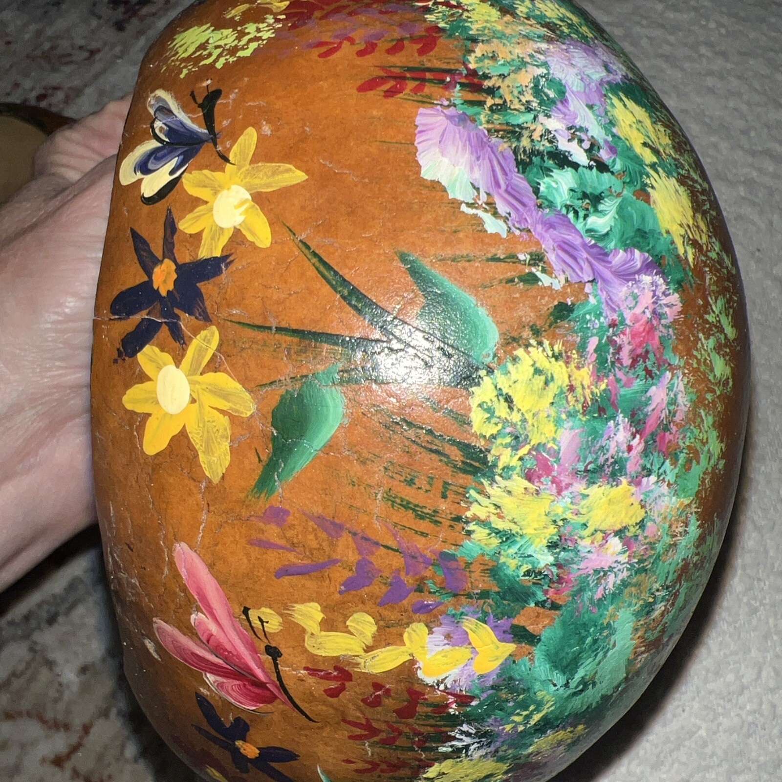 Hand Painted Gourd Bowls Lightweight Floral Butterflies Cottage About 7×5” SET