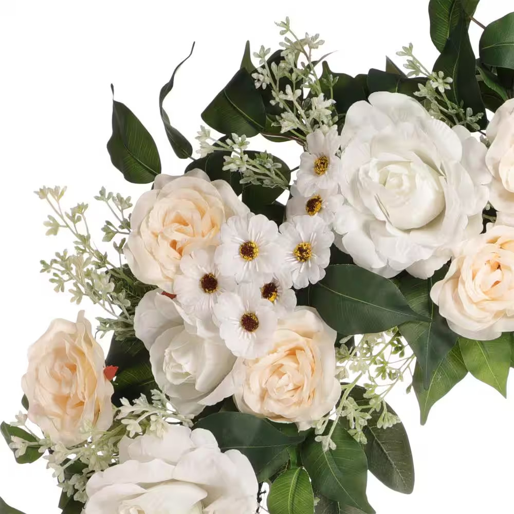30 In. Artificial Rose, Camellia, Babysbreath Floral Spring Wreath with Green Le
