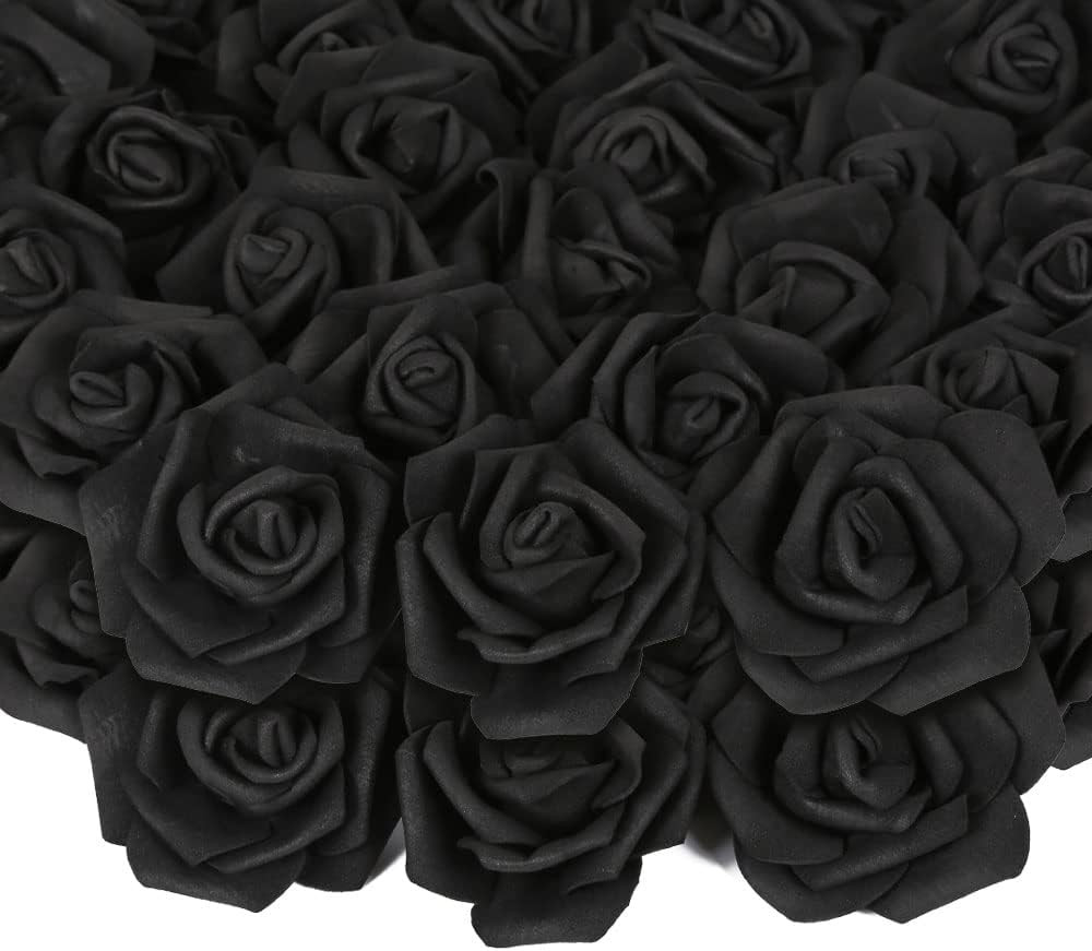 200Pcs Black Artificial Foam Rose Flower Head, 3-Inch Fake Flower Heads Stemless