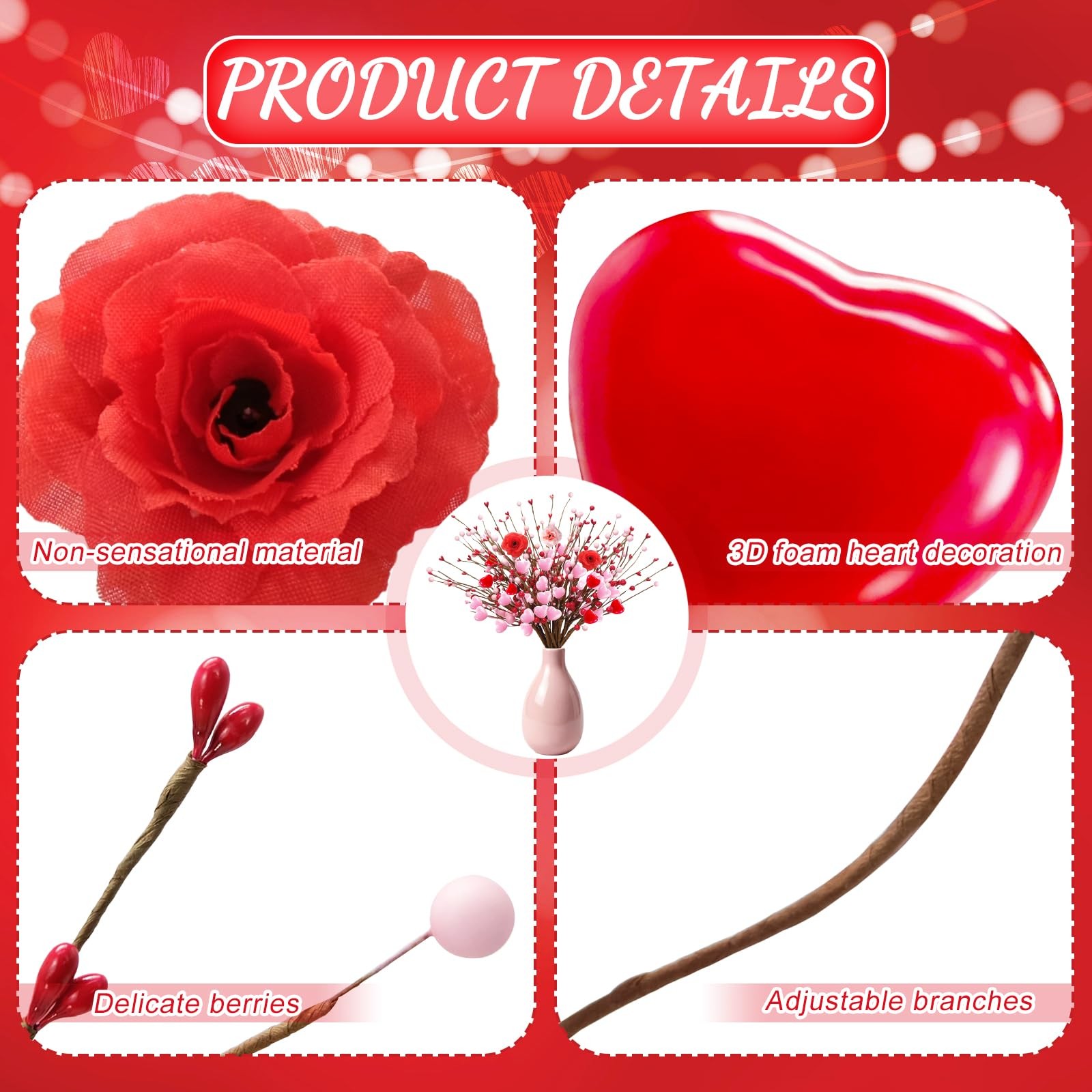 25Pcs Pink Heart Berry Picks with Red Berries Valentines Day Decorations – Ar…