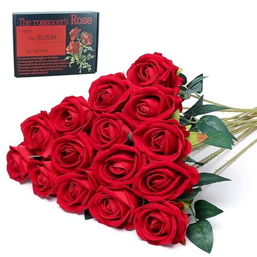 15PCS Roses Artificial Silk Flowers Fake Roses Bouquet with Long Stem Real Red