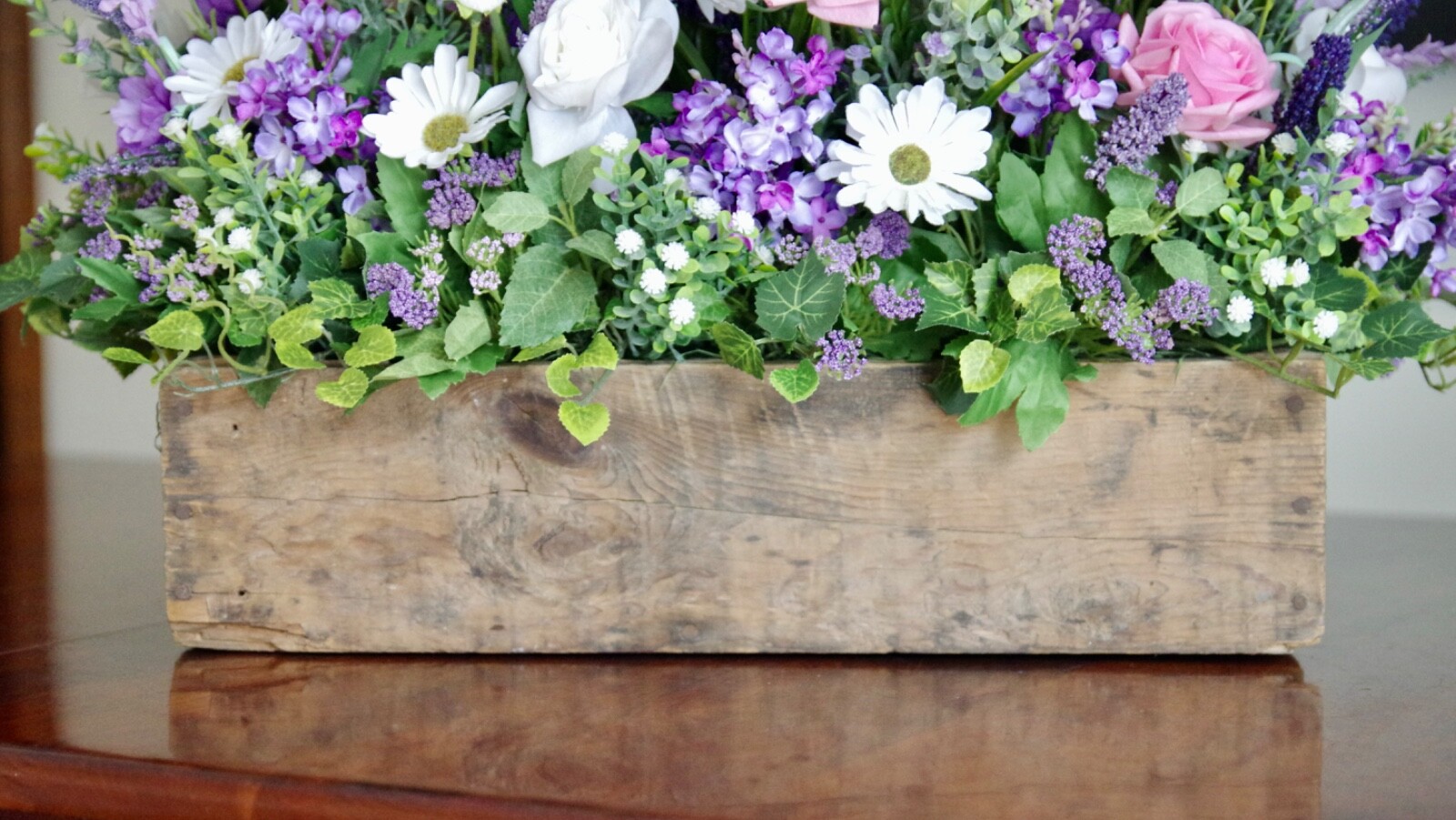 Vintage Wooden Box With Silk Pink and White Rose and Lavender Lilac Arrangement