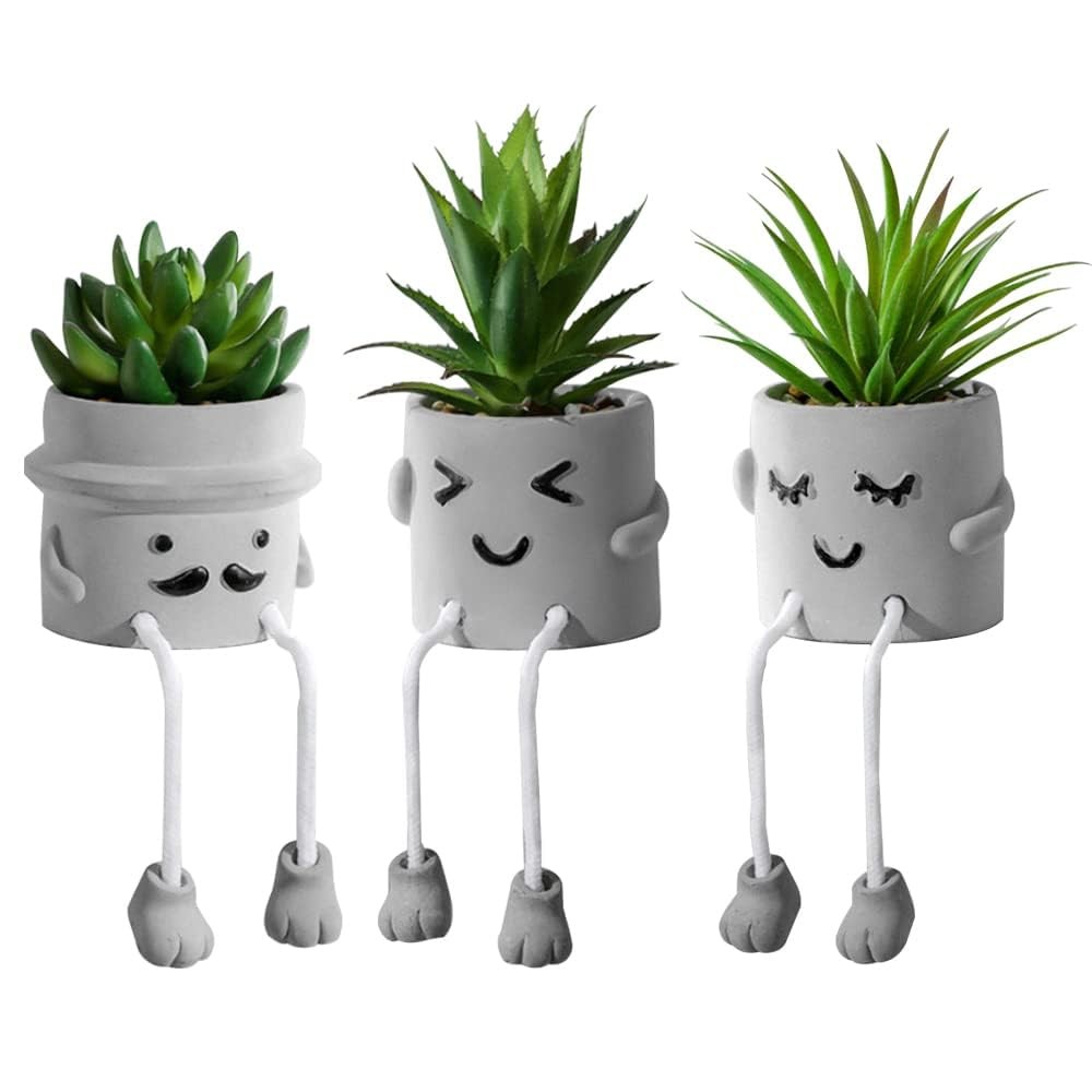 3pcs Creative Artificial Succulents with Gray Flower Pots, Mini Potted Succul…