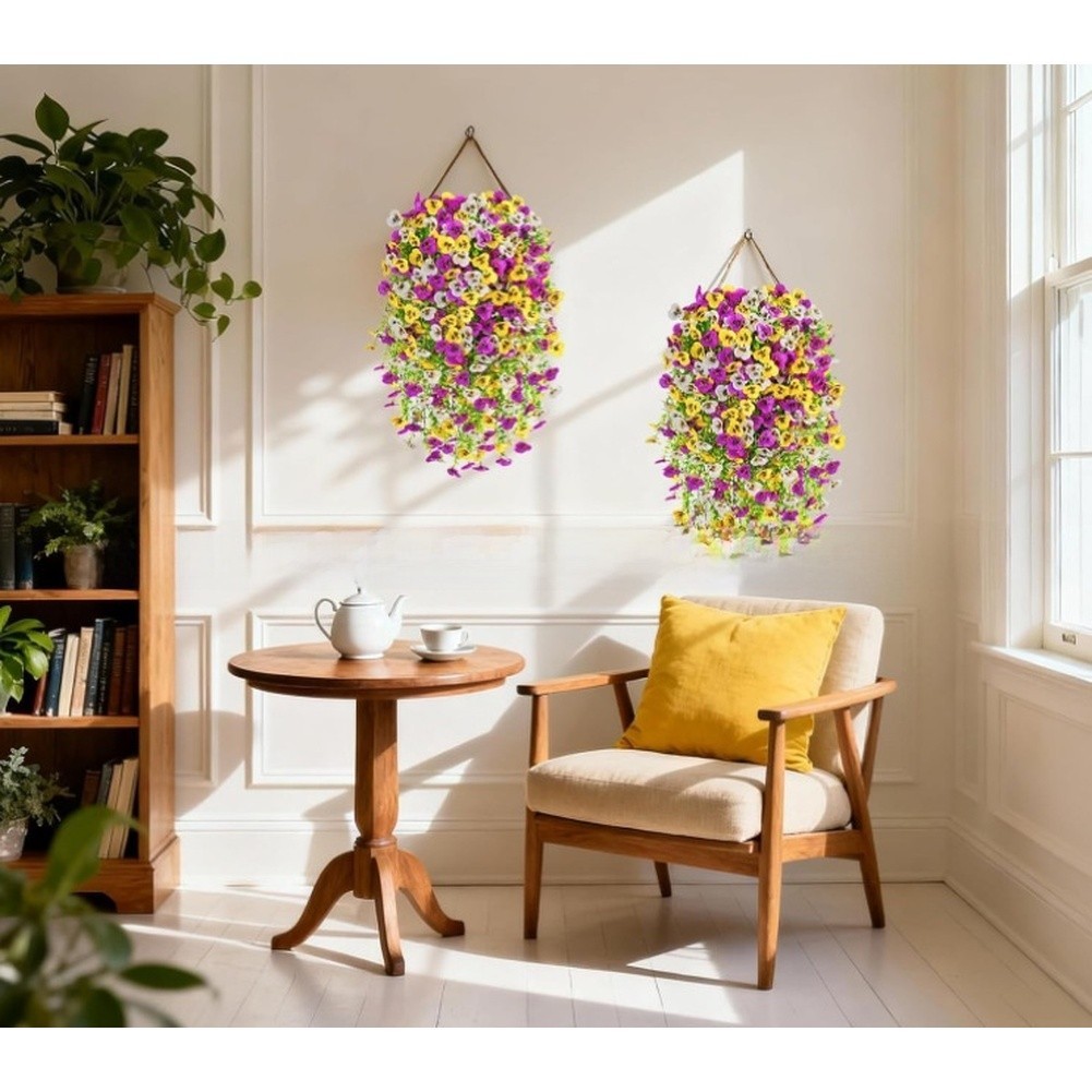 Fabric Artificial Pansy Vine Hanging Basket 45 Eyes Violet 25.59in Wall Hanging