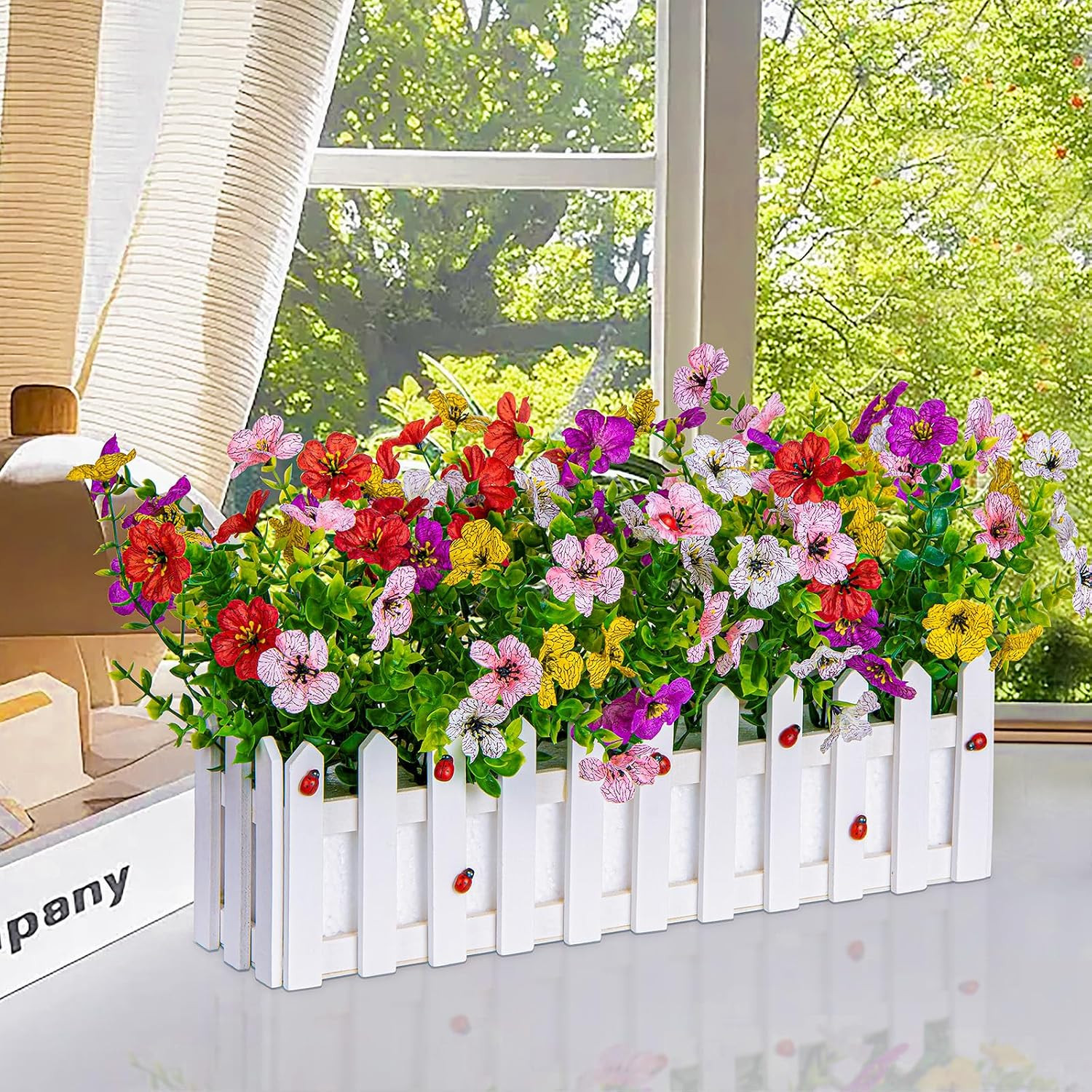 Colorful Artificial Flowers in Picket Fence Pot – Set of 2 for Home Decor