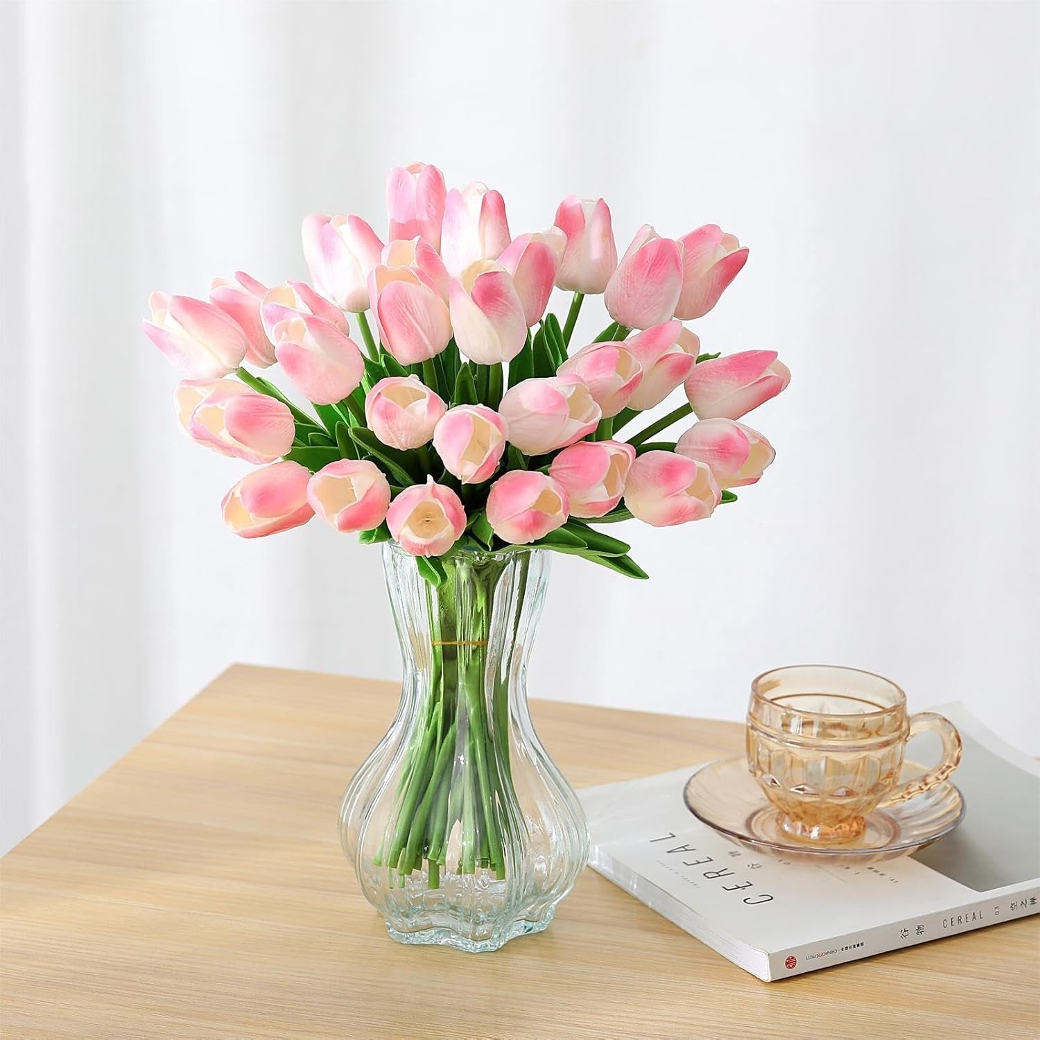 15pcs Fake Tulips Artificial Flowers Real Touch Pink 14″ PU Flower for Home K…