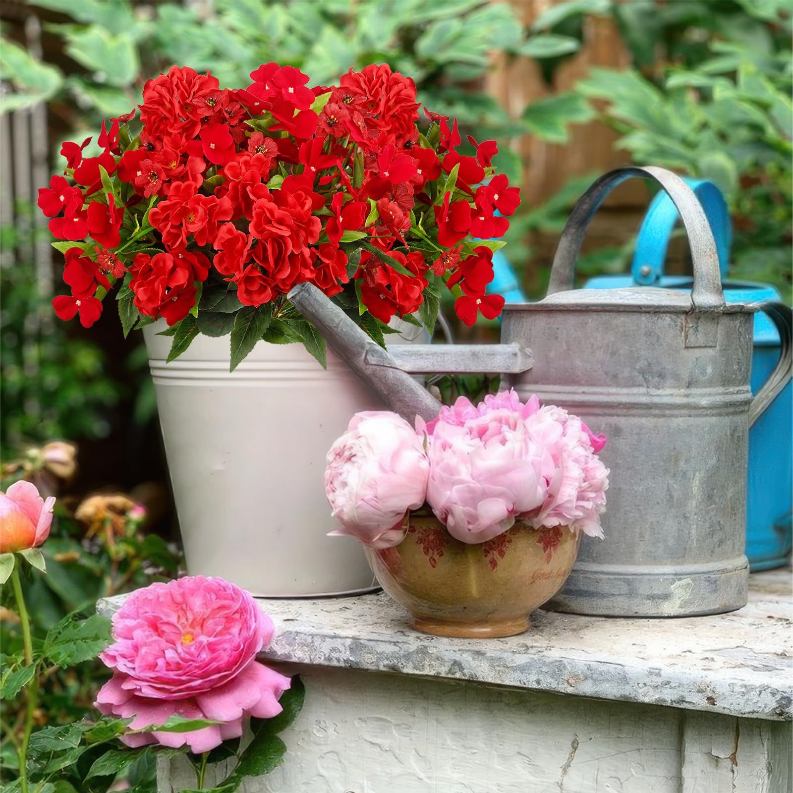 8 Pcs Artificial Flowers for Outdoors Impatiens Silk Geraniums Flowers Red UV…