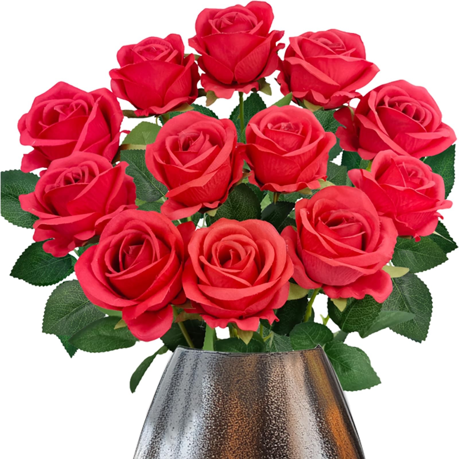 12PCS Fake Red Roses Artificial Red Flowers Bulk, Silk Faux Roses with Stems for