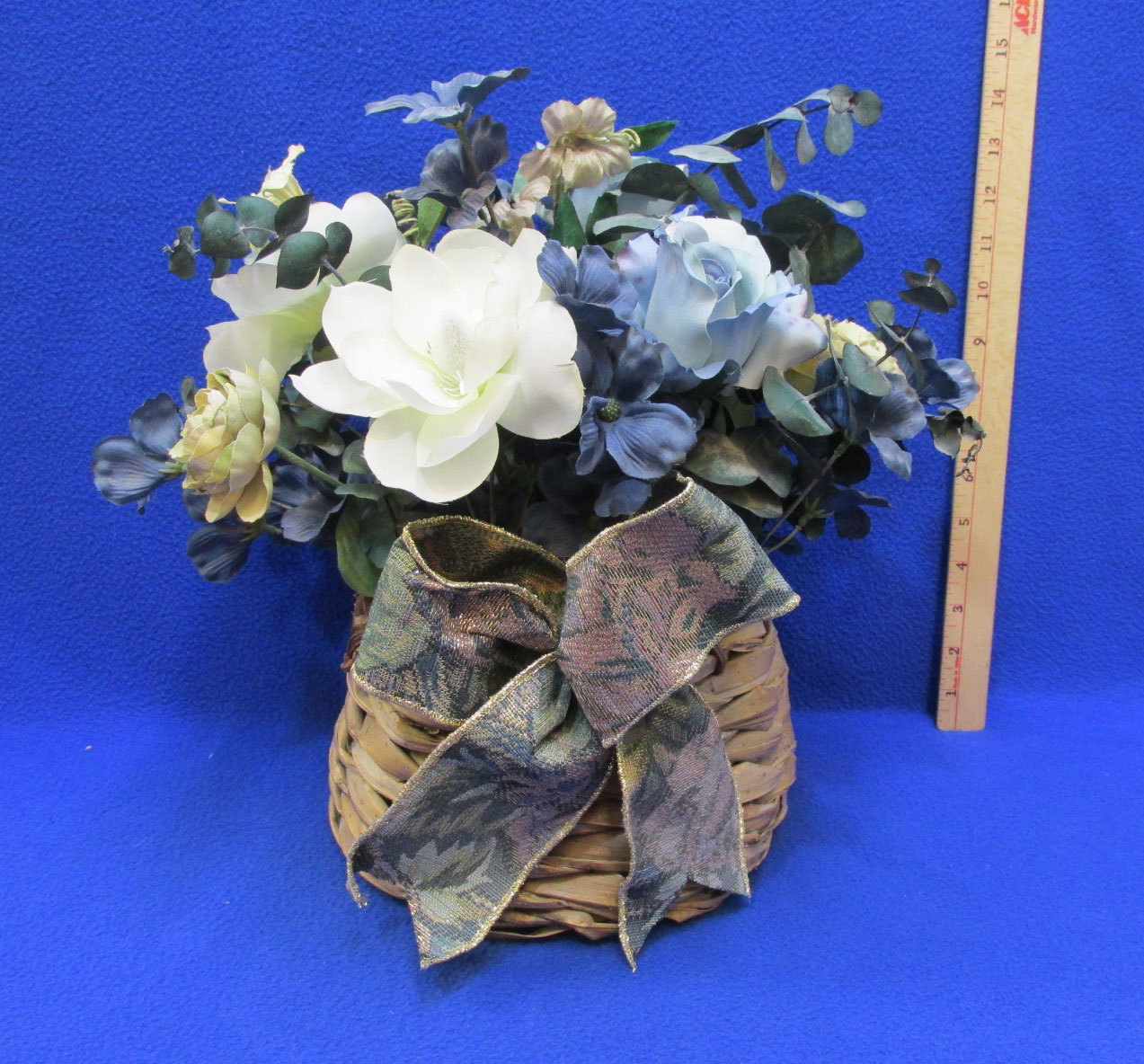 Blue Floral Arrangement In Basket Roses Magnolias Eucalyptus Bow w/ Coffee Cup