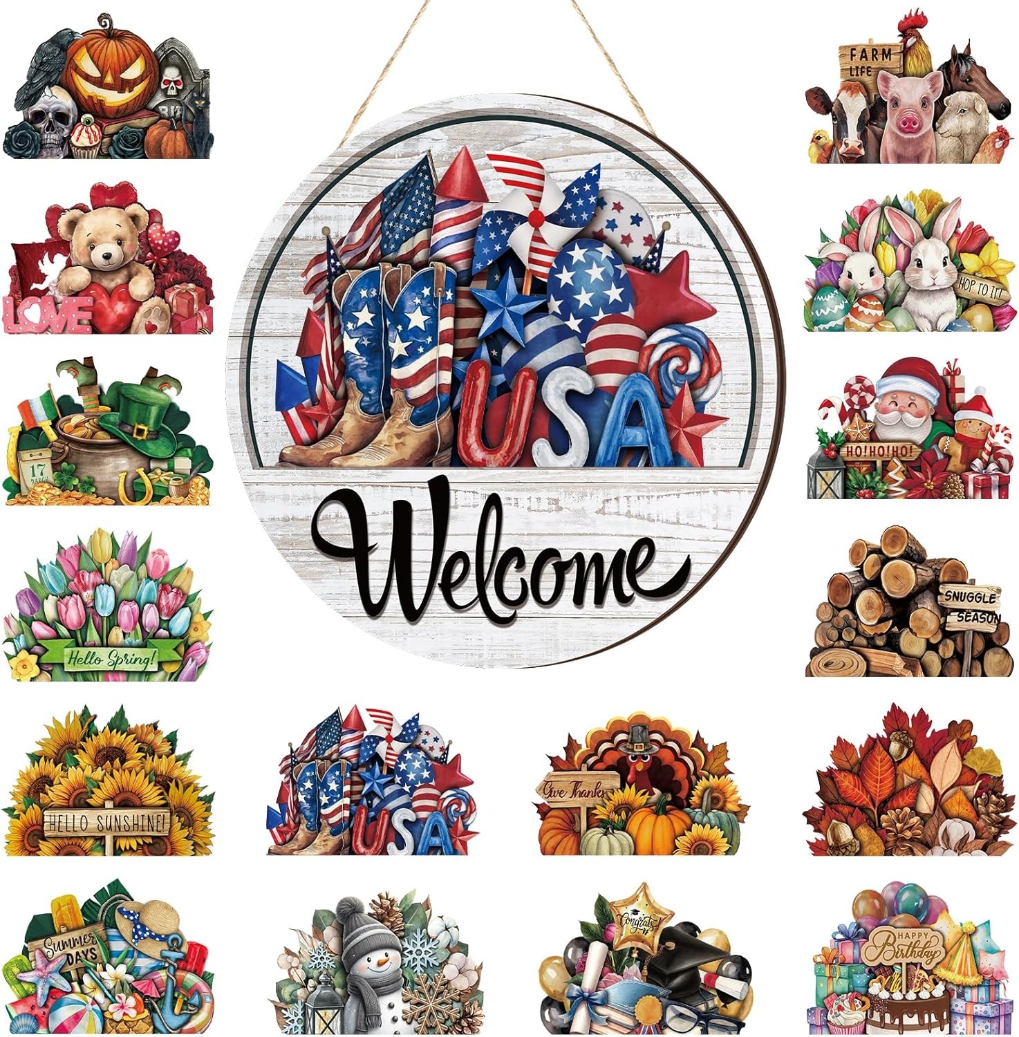 17 pcs 12 inch wooden welcome sign rustic magnetic seasonal decor for door