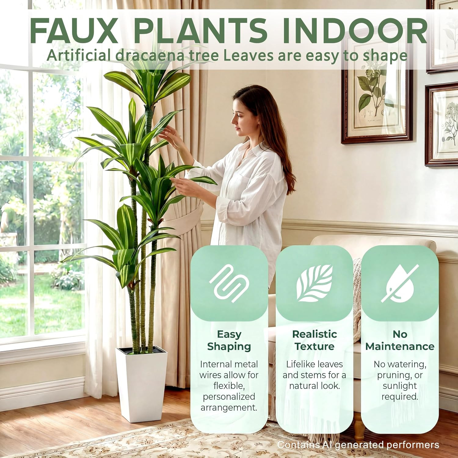 7FT Dracaena Artificial Plants Indoor,With White Tall Planter | Decor Fake Tree,