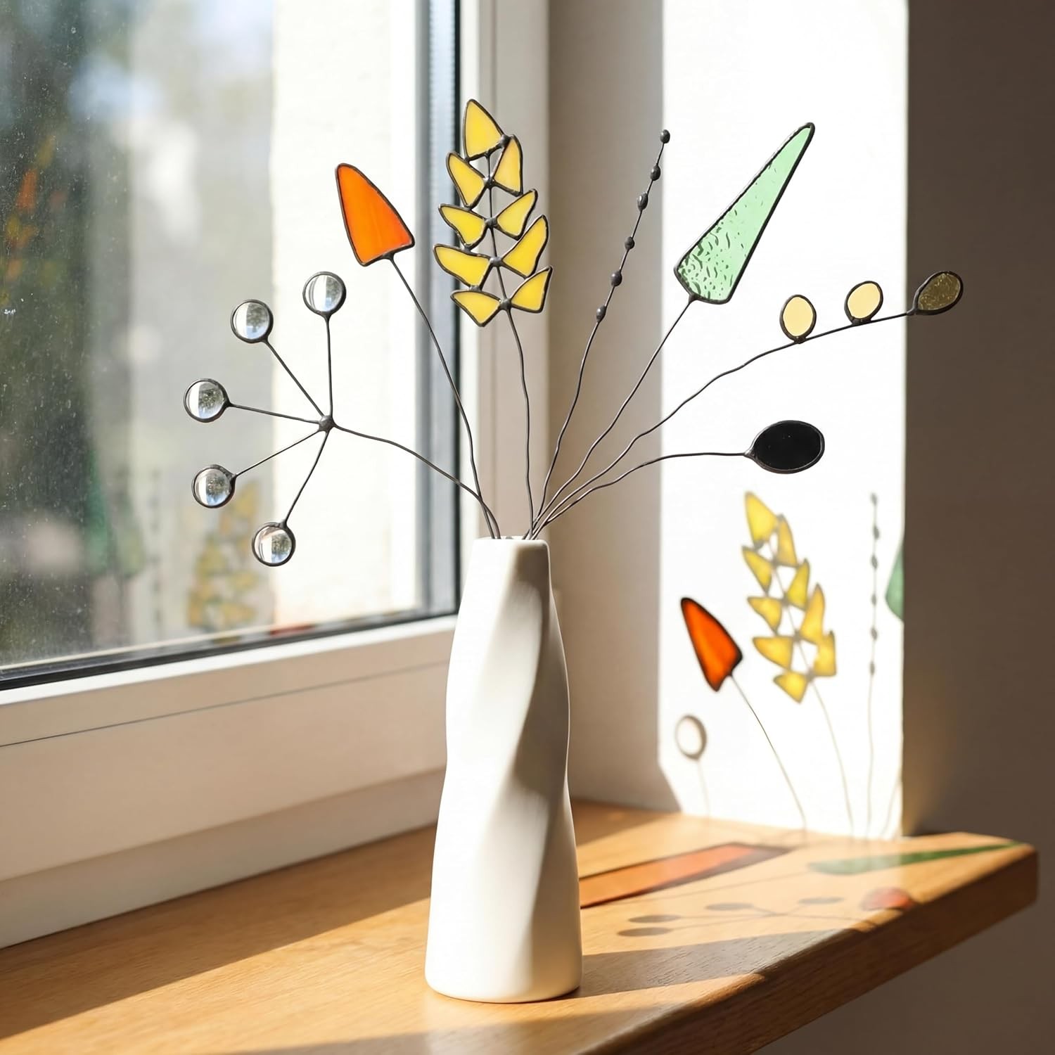 7 Pcs Stained Glass Flowers W/ Stems Handcrafted Artificial Glass Floral Branch