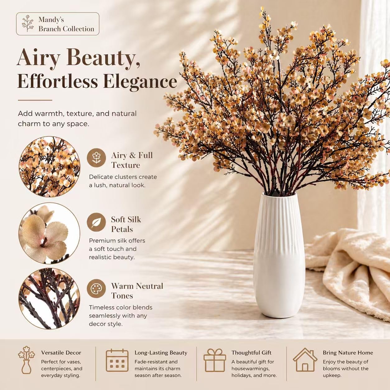 6 Bundles Light Brown Artificial Babys Breath Flowers Silk Gypsophila 18.5 In