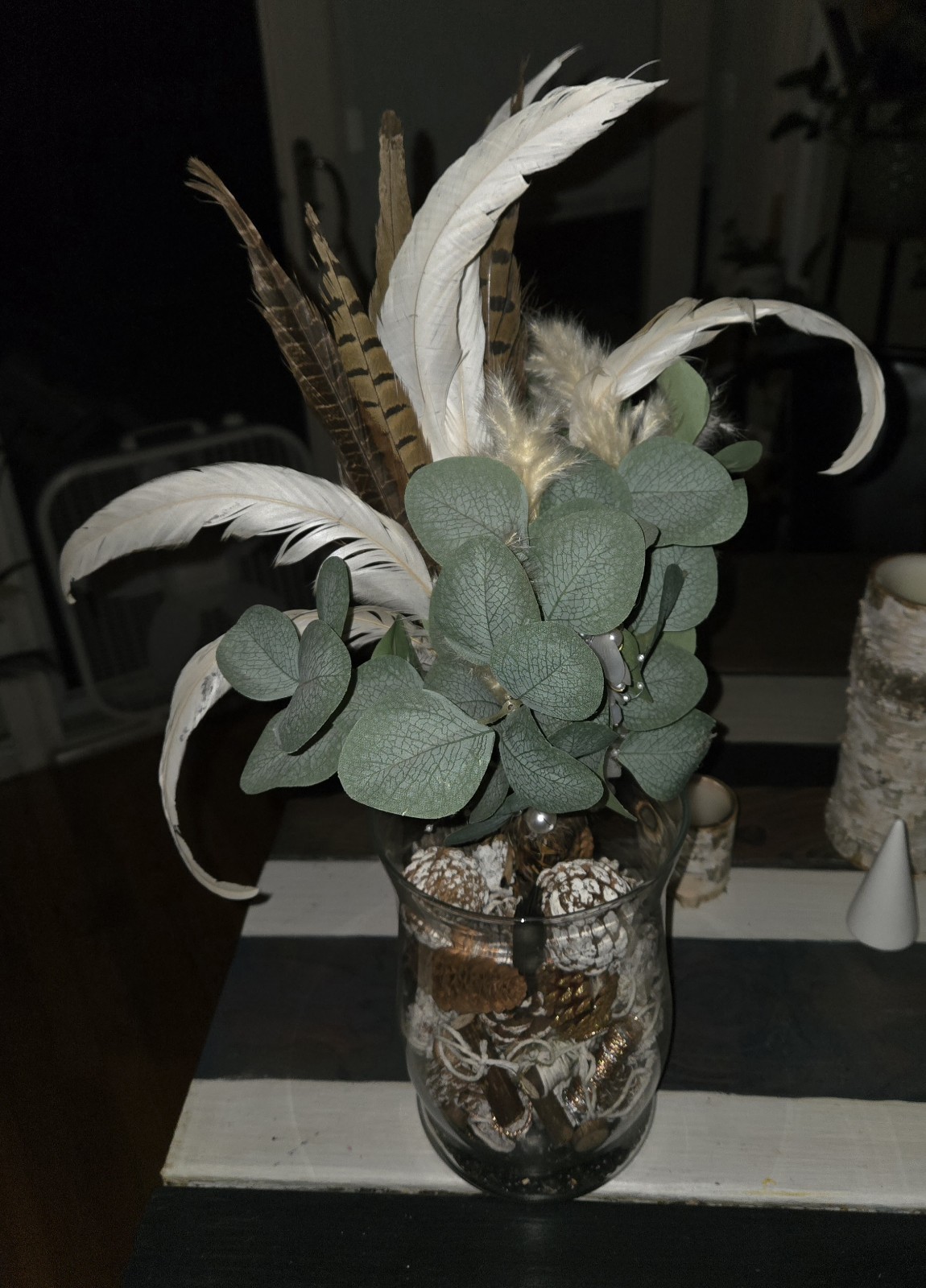 Boho Faux Eucalyptus & Feather Bouquet Rustic Pearl Floral Arrangement