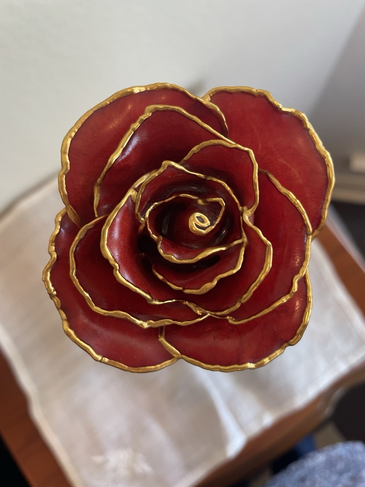 Burgundy Rose Preserved in Lacquer with 24k Gold Plating on Petals and Stem