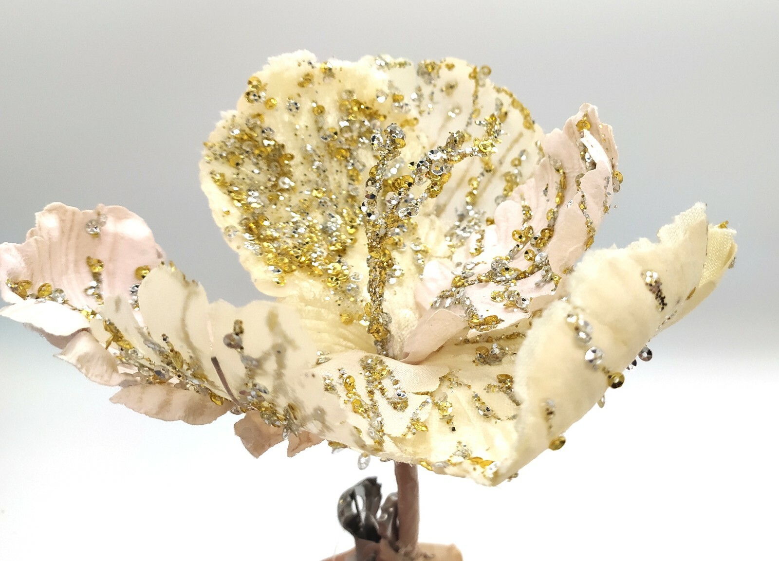 F011 Cream Hibiscus Glittered Clip On Christmas Decoration Artificial Flower
