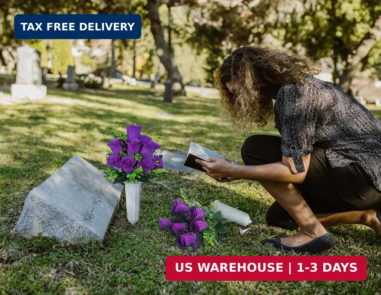Artificial Cemetery Flowers,2 Sets Artificial Rose Flowers with Vase,Memorial Fl