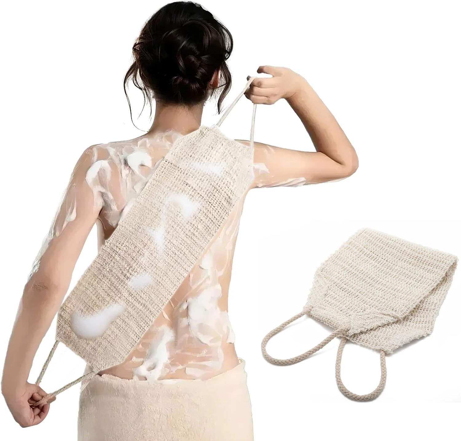 Natural Sisal & Ramie Exfoliating Back Scrubber for Shower with Handle – Deep Cl