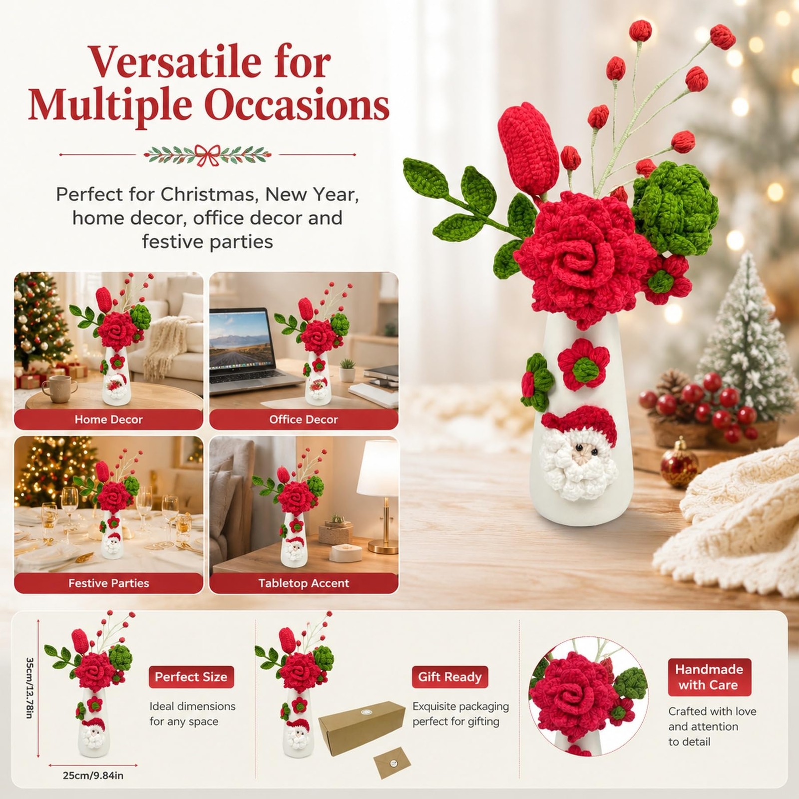 Crochet Christmas Flowers Artificial with Vase for Christmas New Year Decorat…