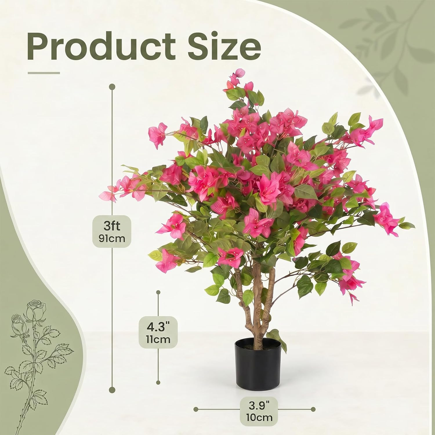 3FT Artificial Bougainvillea Tree, Faux Bougainvillea for Indoor Outdoor Decor,